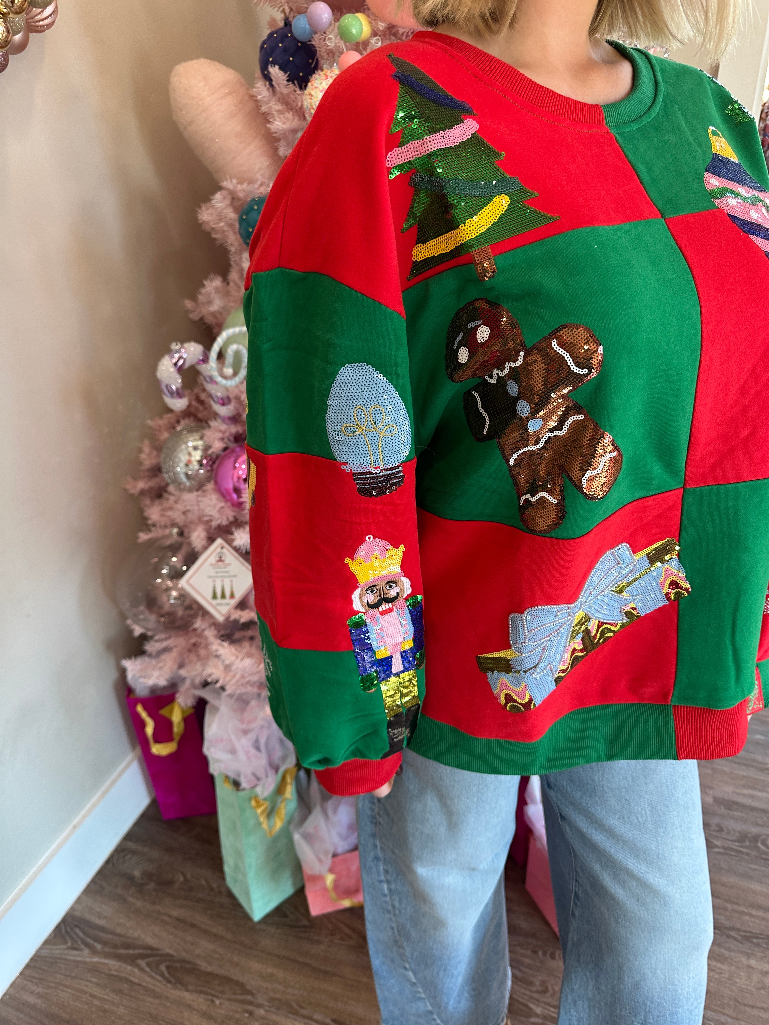 Green & Red Checkered Christmas Icon Sweatshirt- Queen Of Sparkles