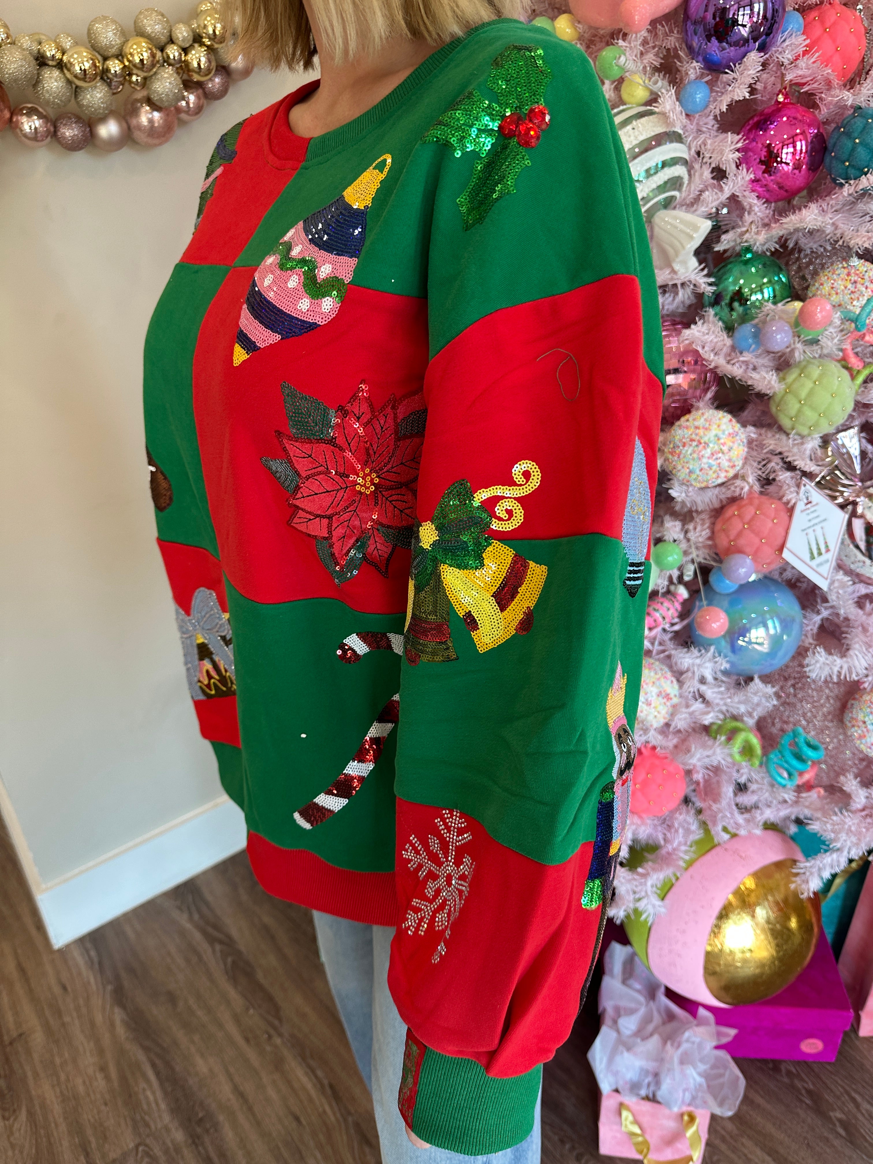 Green & Red Checkered Christmas Icon Sweatshirt- Queen Of Sparkles