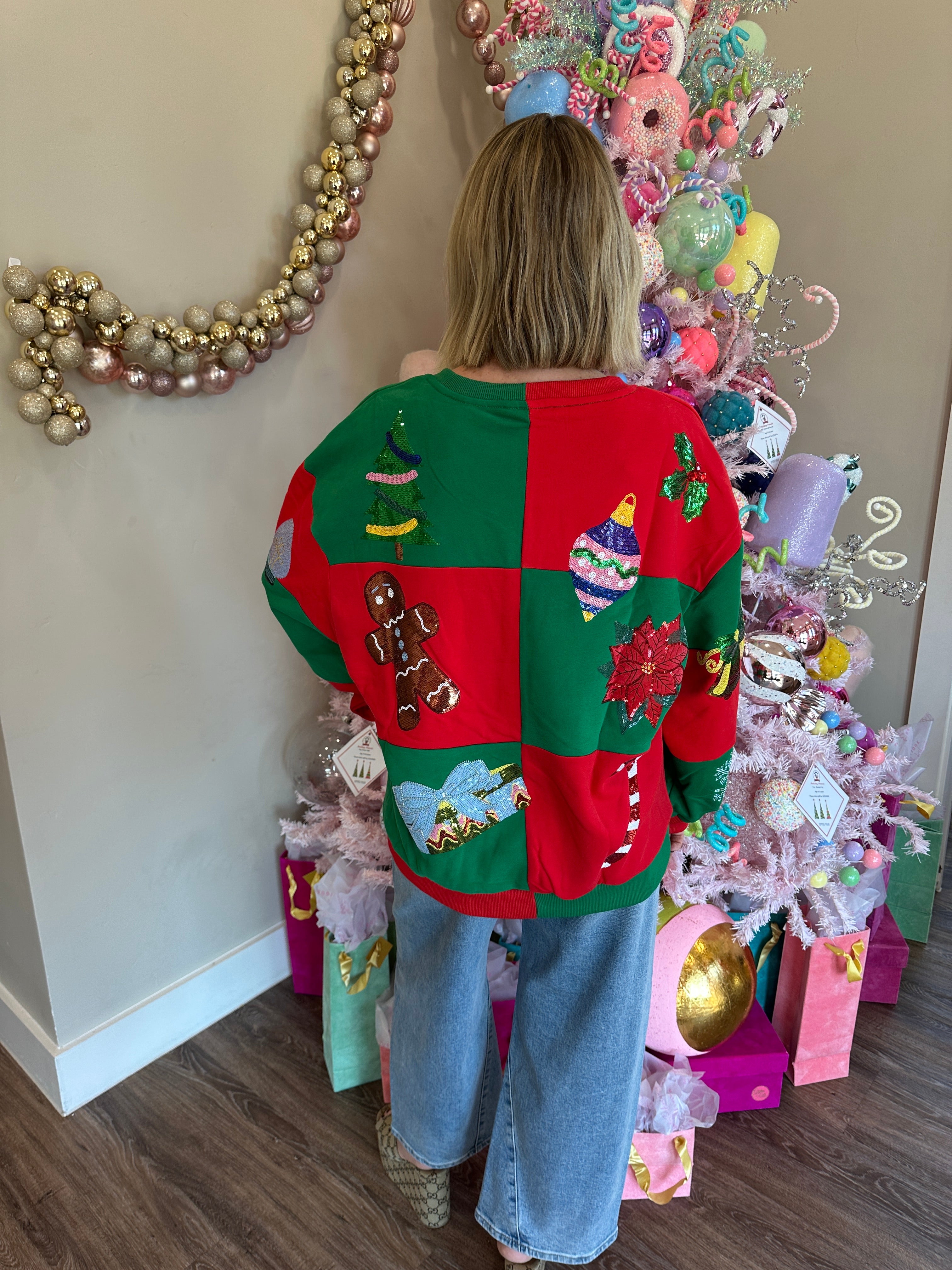 Green & Red Checkered Christmas Icon Sweatshirt- Queen Of Sparkles