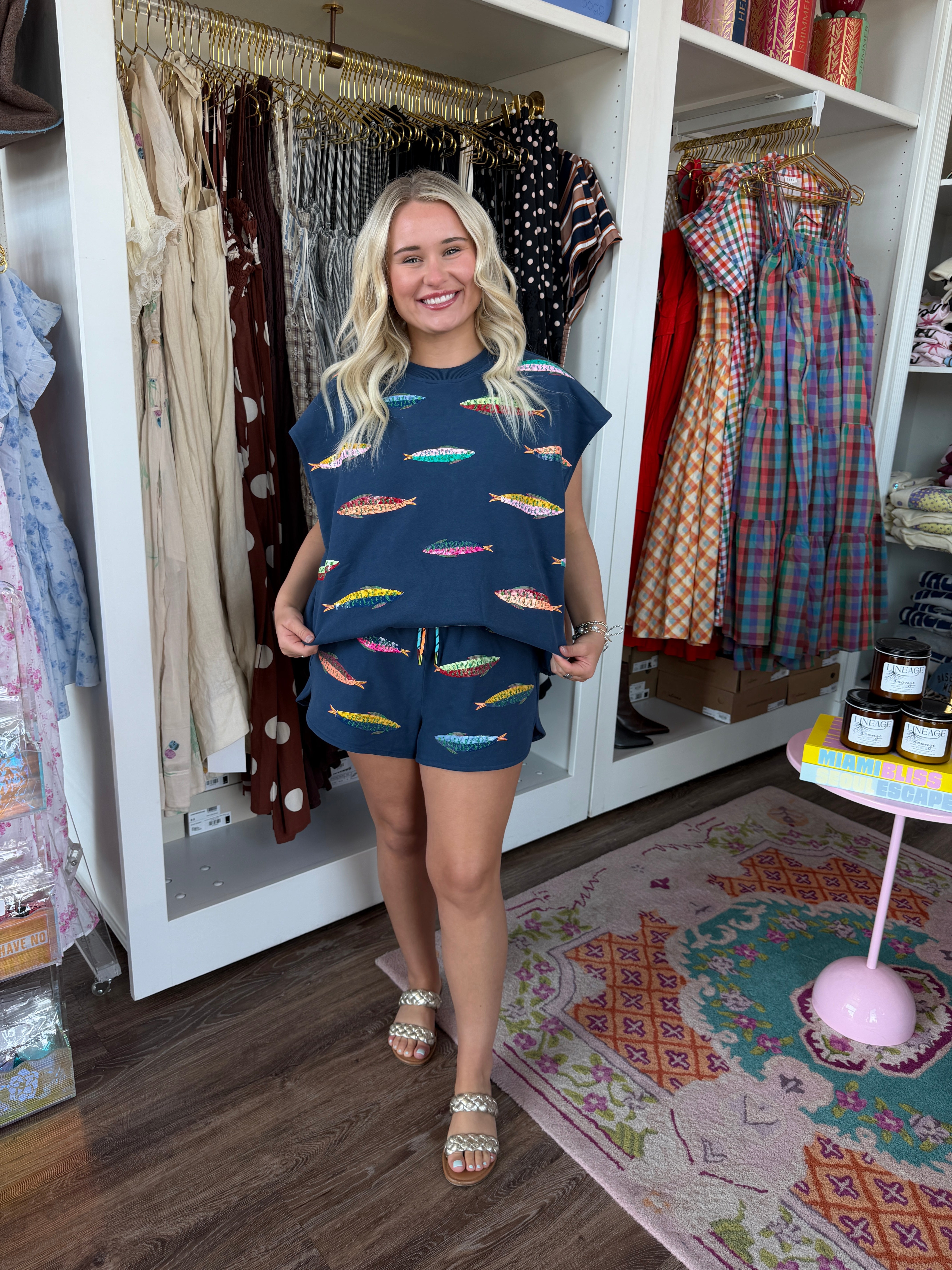 Navy Multi Fish Tie Short- queen of sparkles