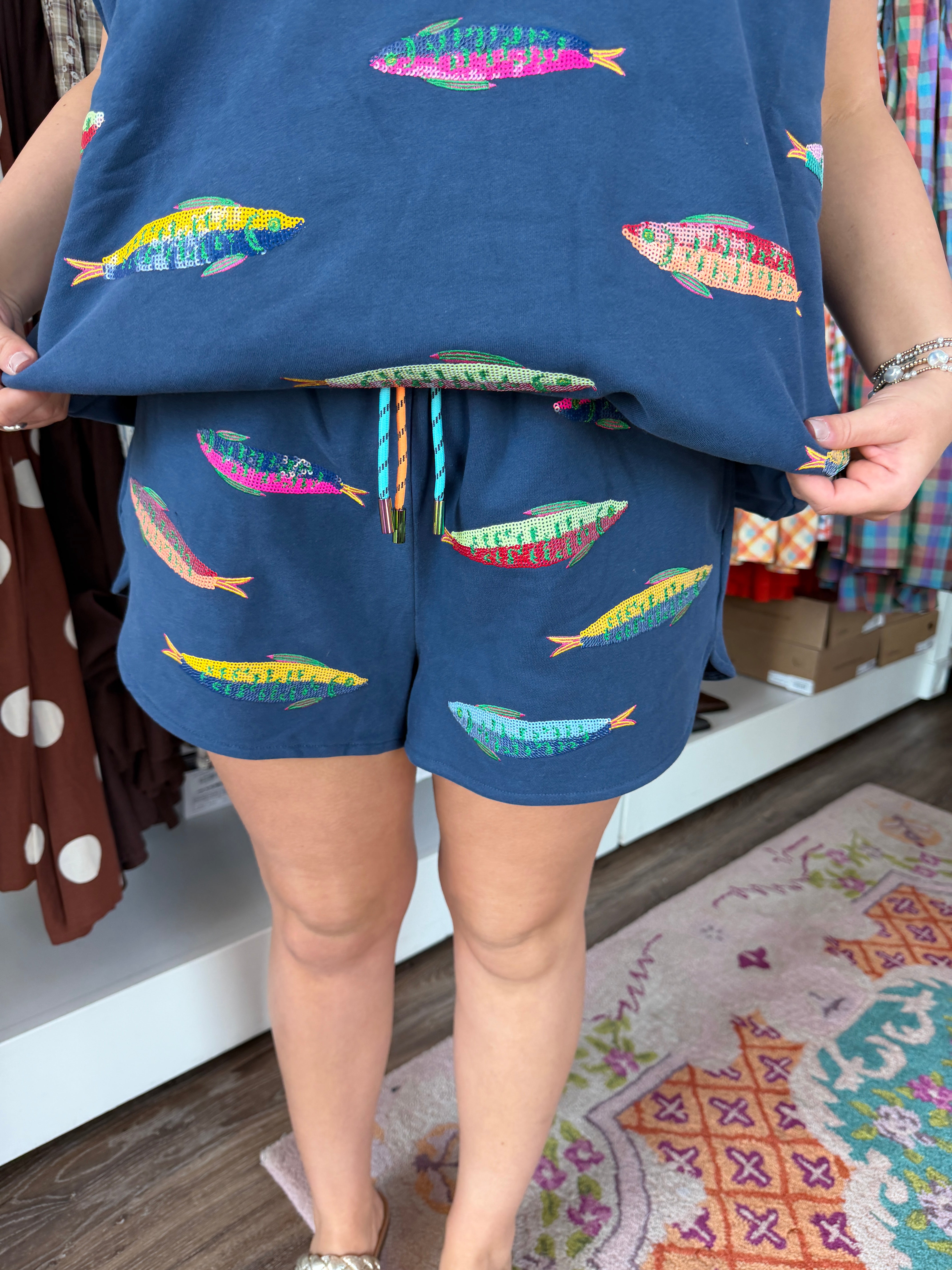 Navy Multi Fish Tie Short- queen of sparkles