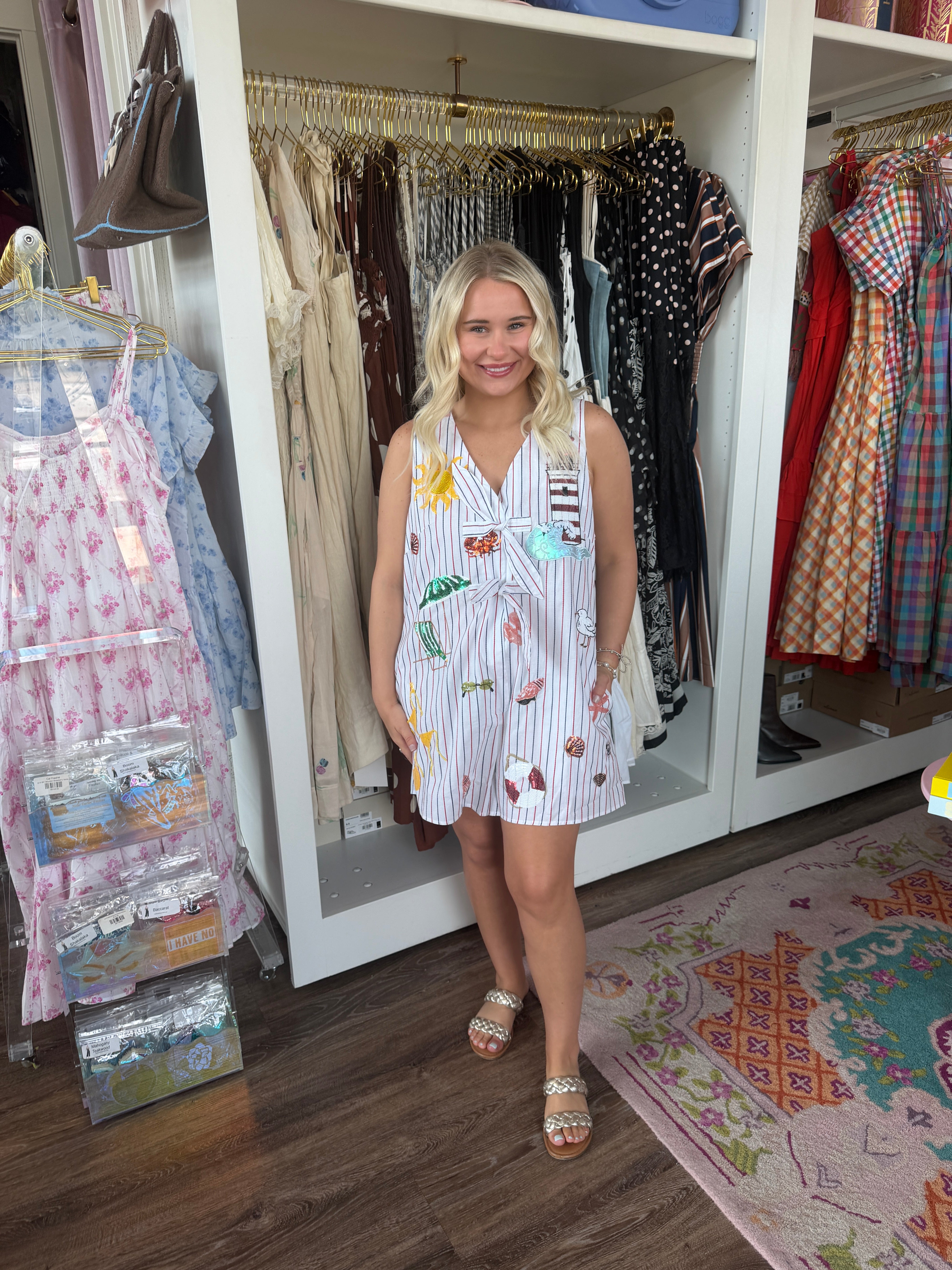 Multi Striped Beach Icon Tie Cotton Romper- queen of sparkles