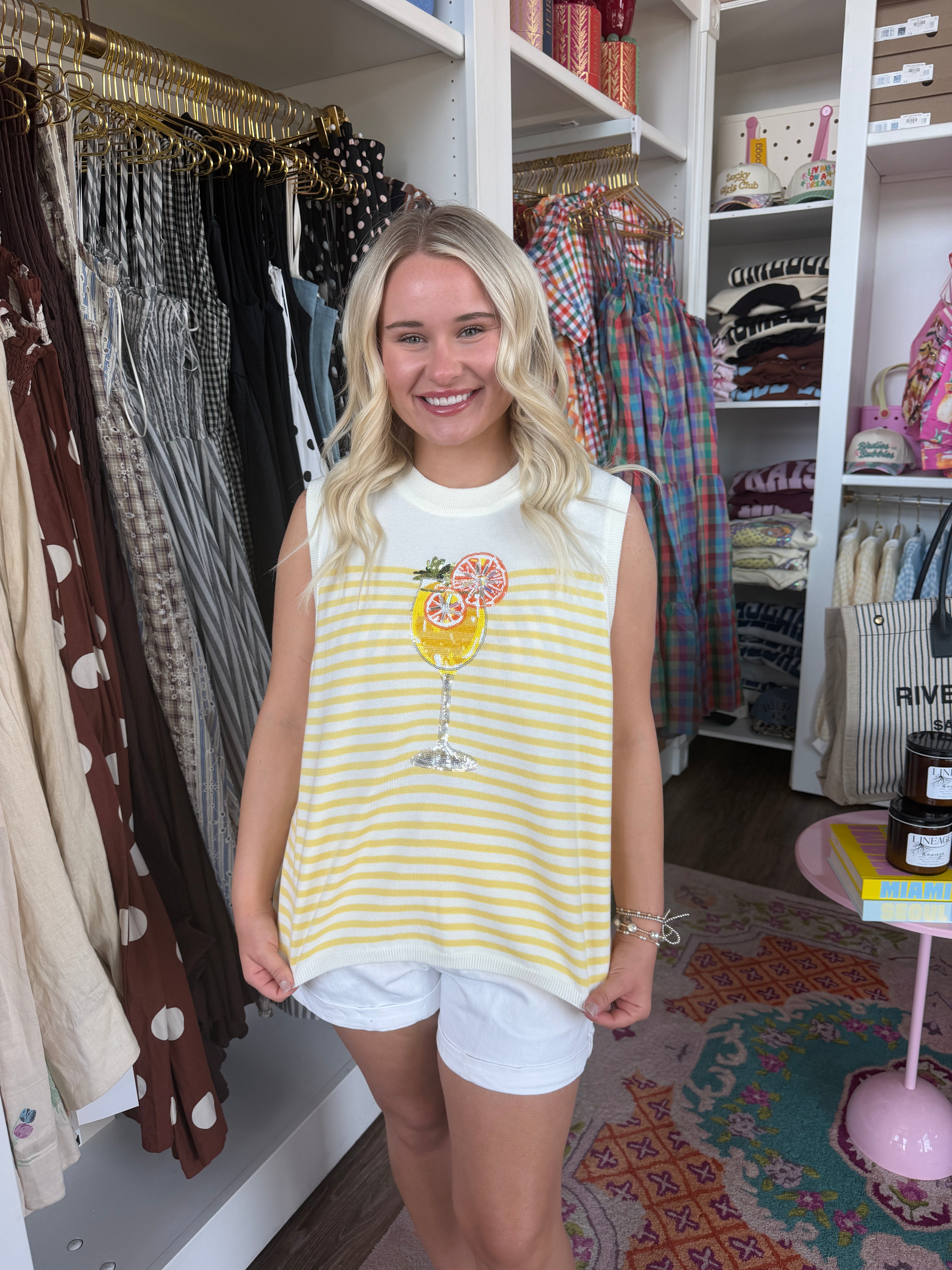 Ivory & Yellow Stripe Cocktail Knit Tank - Queen Of Sparkles