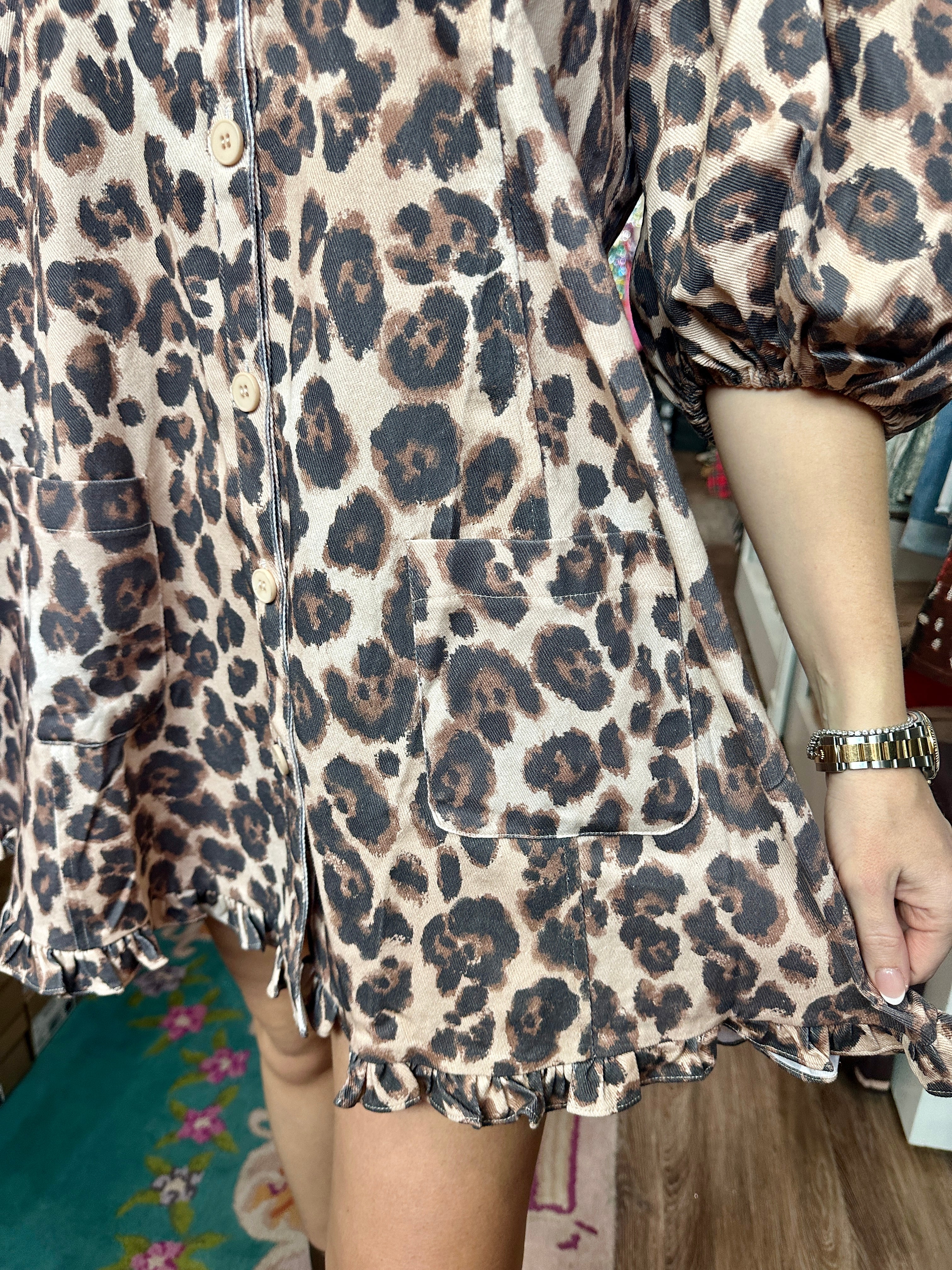 Tate Leopard Denim Puff Sleeve Dress