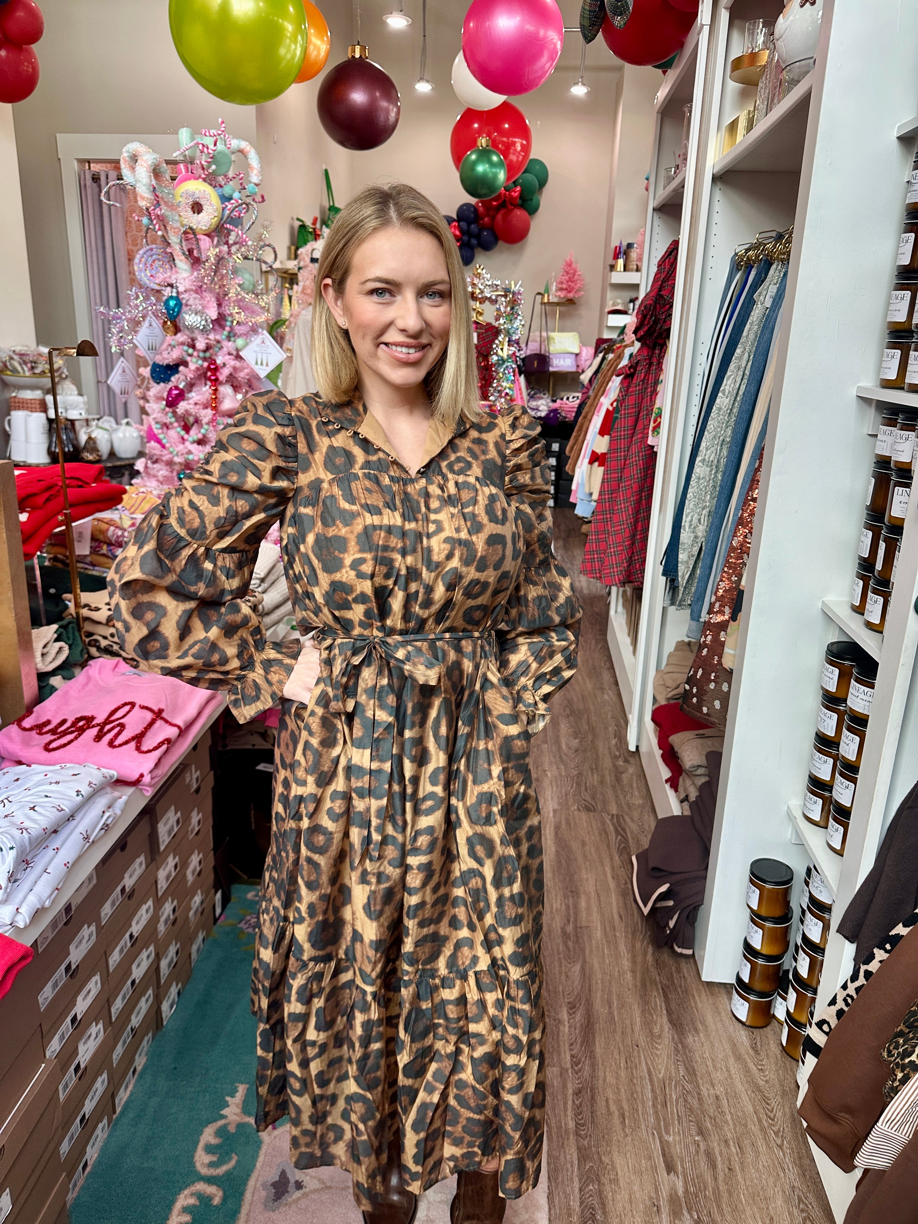 Animal Printed Ruched Sleeve Midi Dress