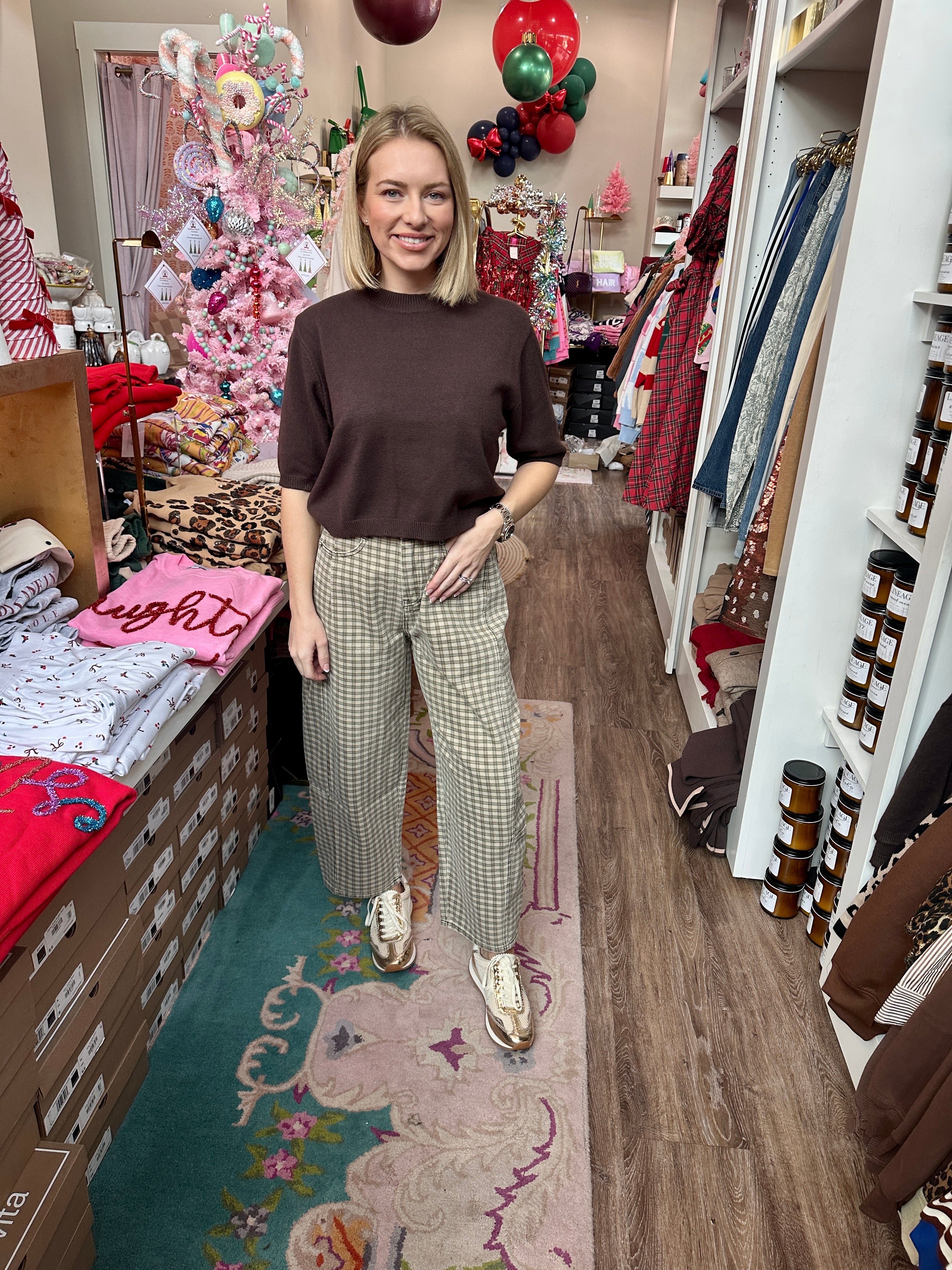 Mini Checker Pattern Barrel Pants