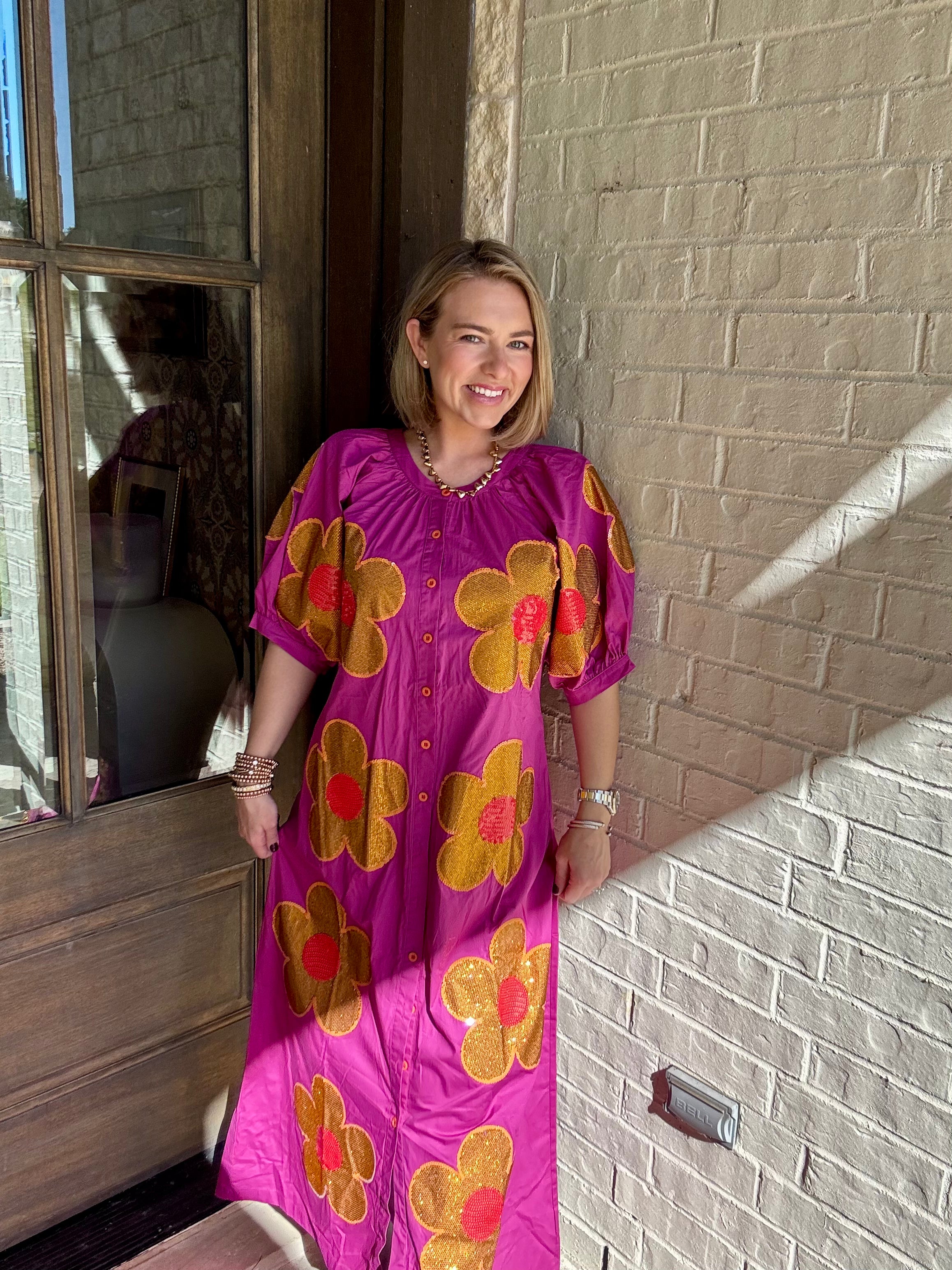 Purple, Gold & Red Oversized Flower Button Up Maxi Dress - Queen Of Sparkles