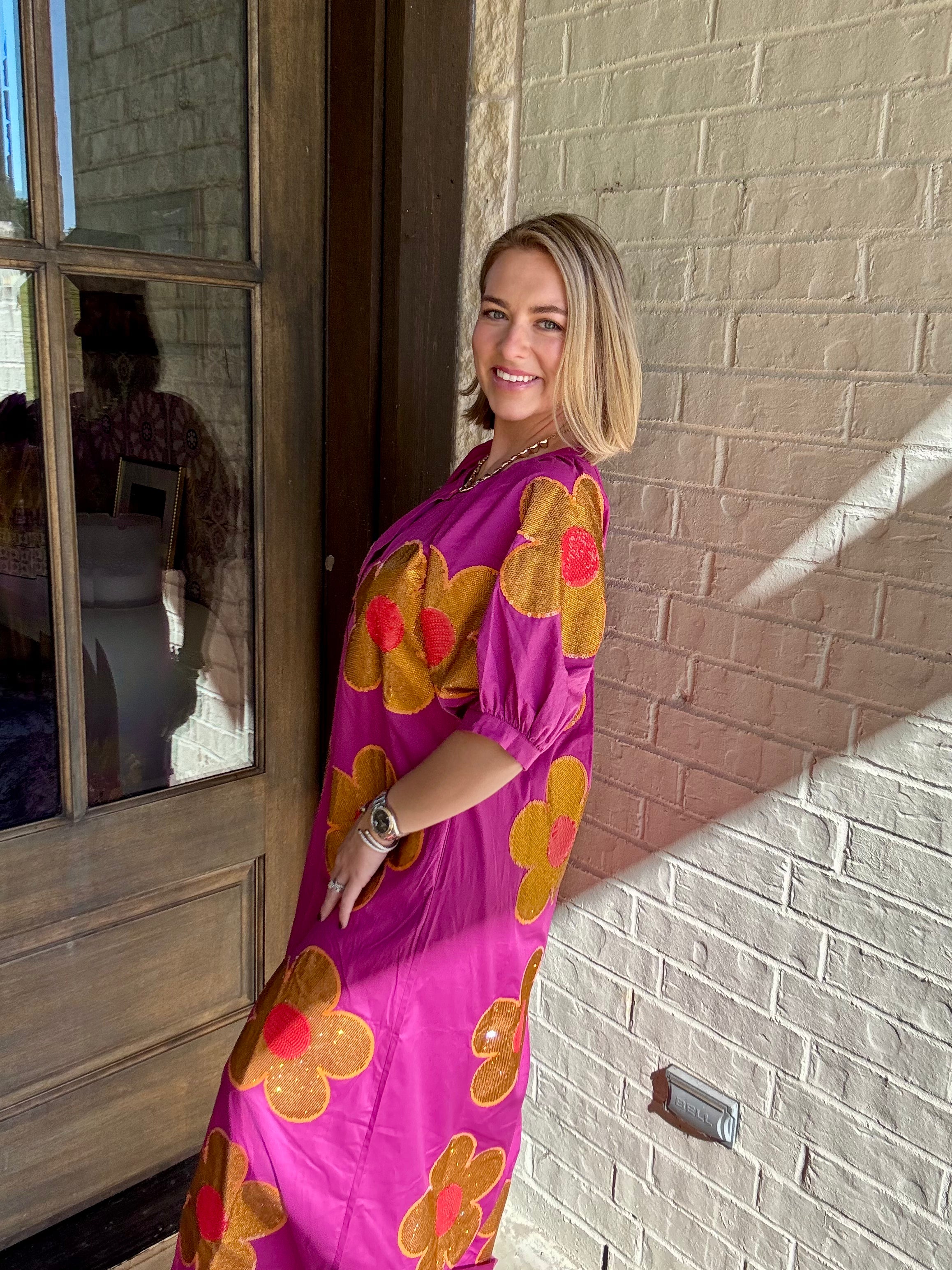 Purple, Gold & Red Oversized Flower Button Up Maxi Dress - Queen Of Sparkles