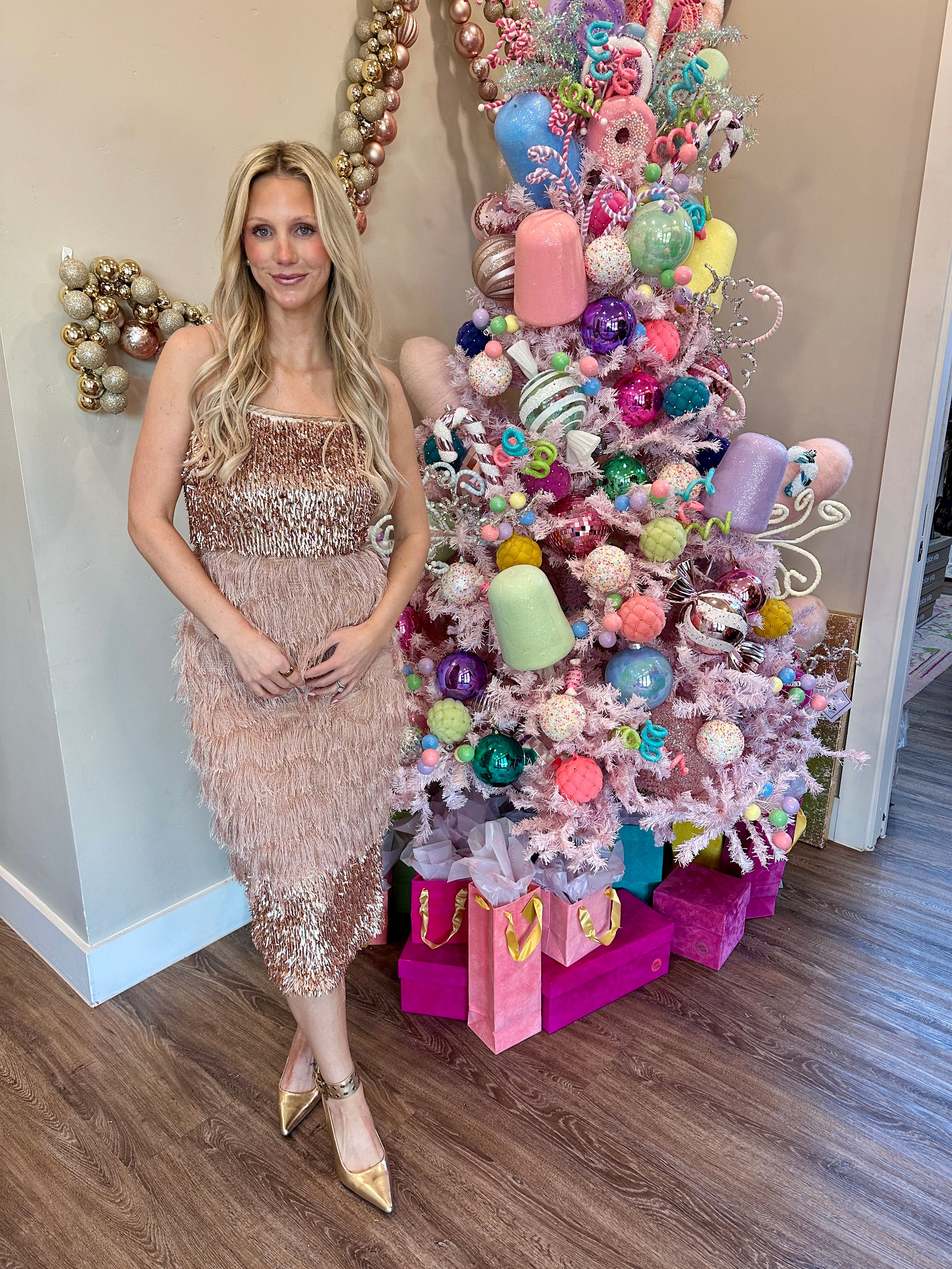 Fringe Mesh Column Midi Dress