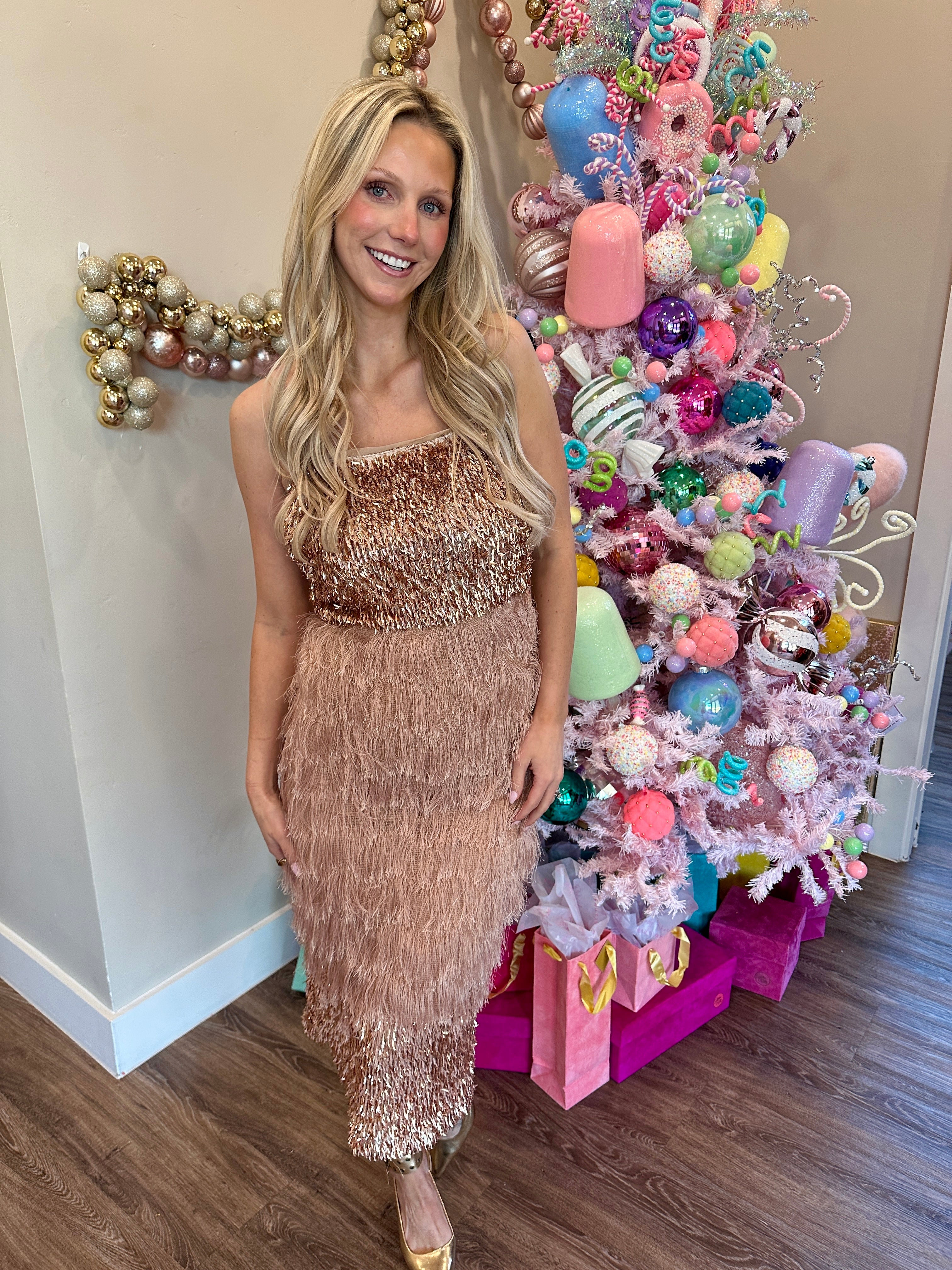 Fringe Mesh Column Midi Dress