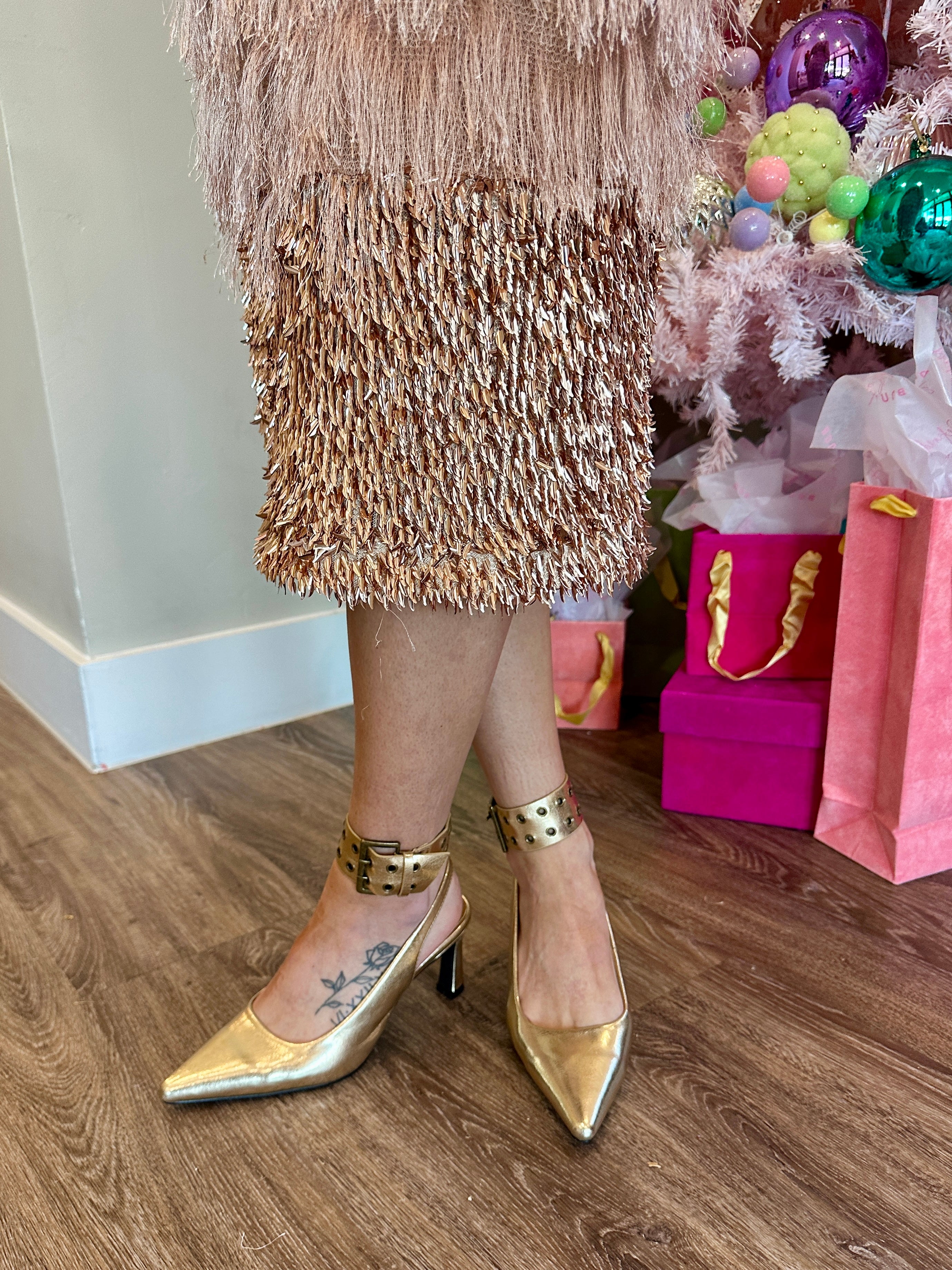 Fringe Mesh Column Midi Dress