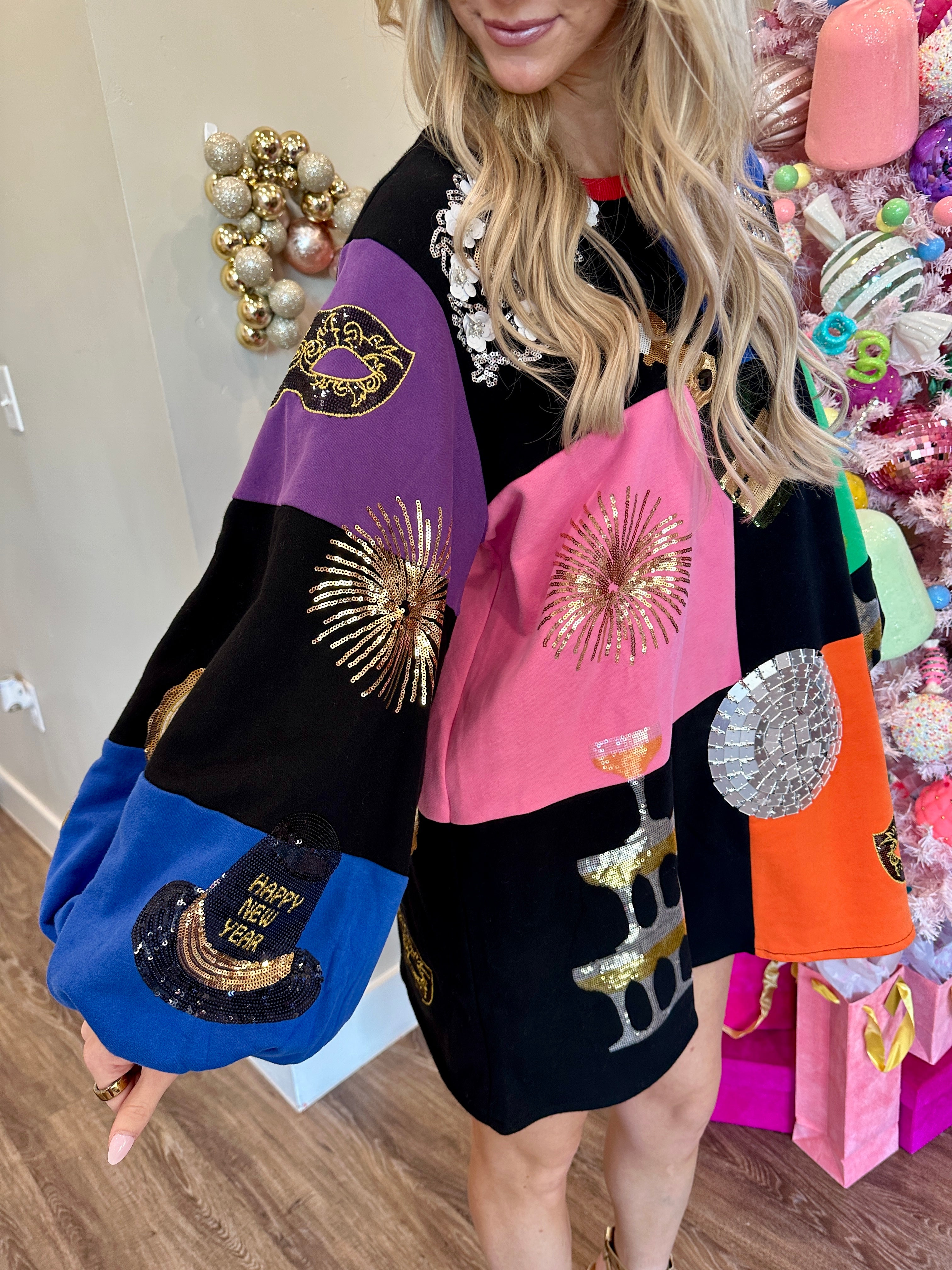 Multi Checkered NYE Icon Bubble Sleeve Dress - Queen Of Sparkles