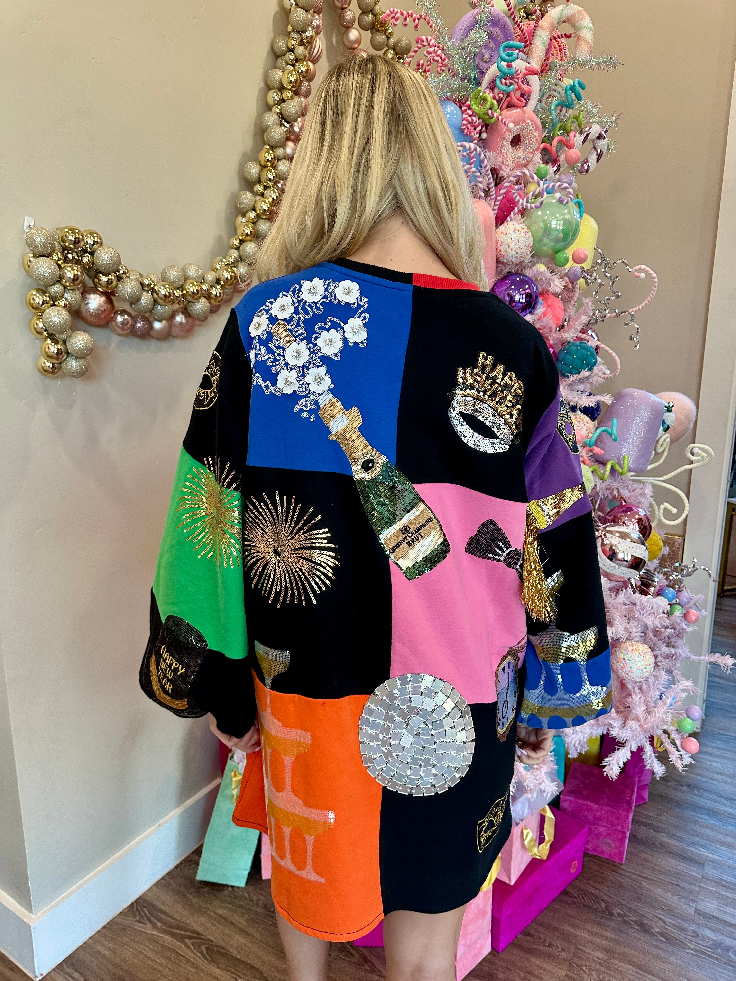 Multi Checkered NYE Icon Bubble Sleeve Dress - Queen Of Sparkles