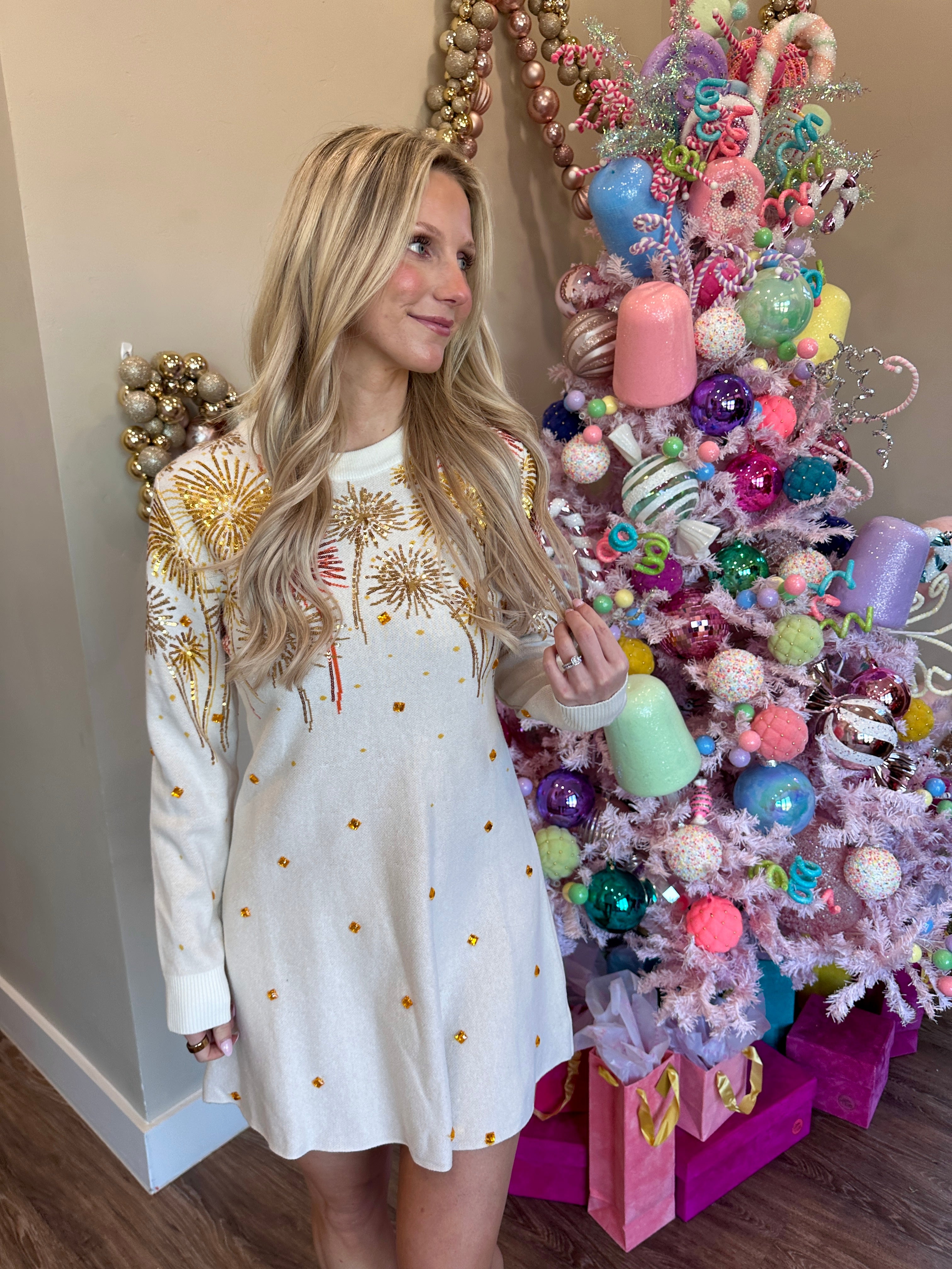White, Gold & Rose Gold Firework Jeweled Sweater Dress - Queen Of Sparkles