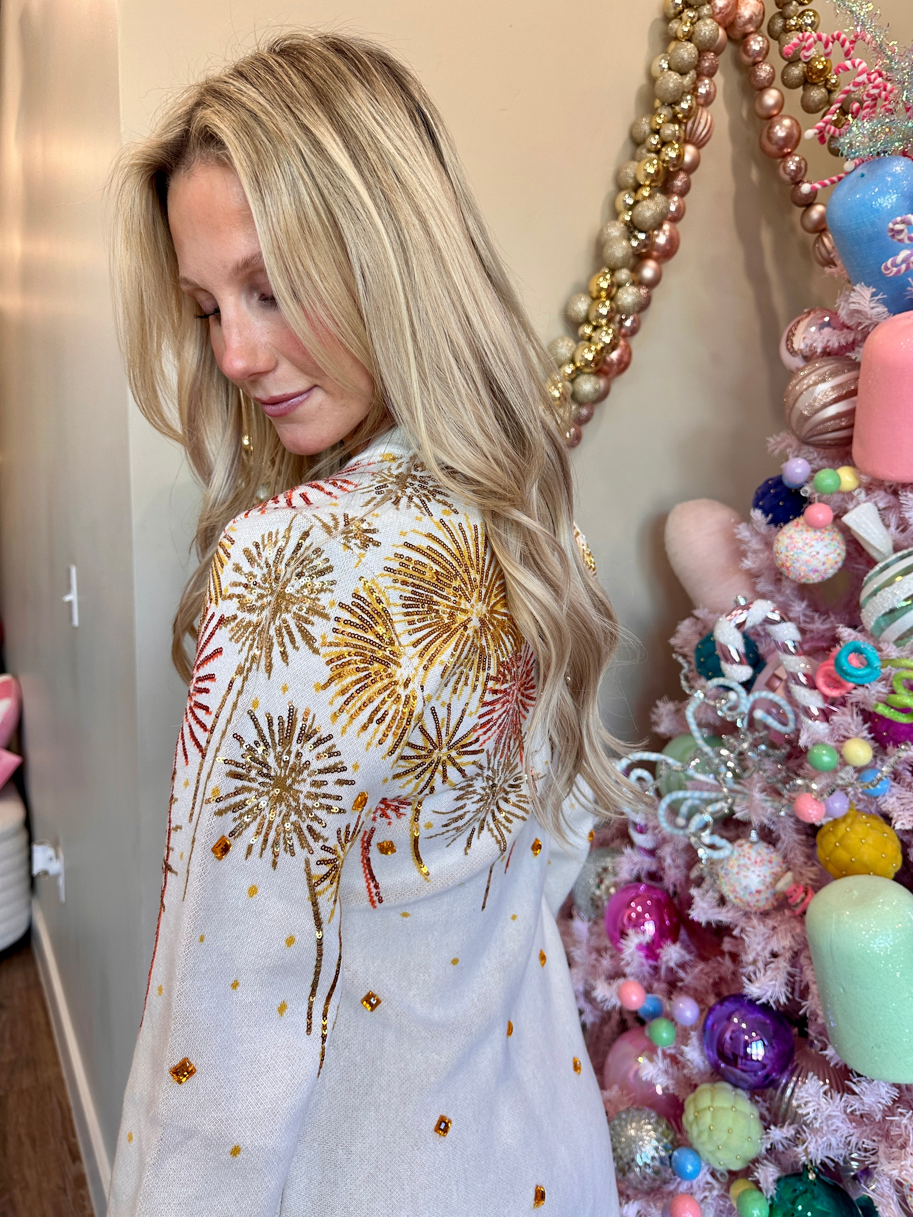 White, Gold & Rose Gold Firework Jeweled Sweater Dress - Queen Of Sparkles