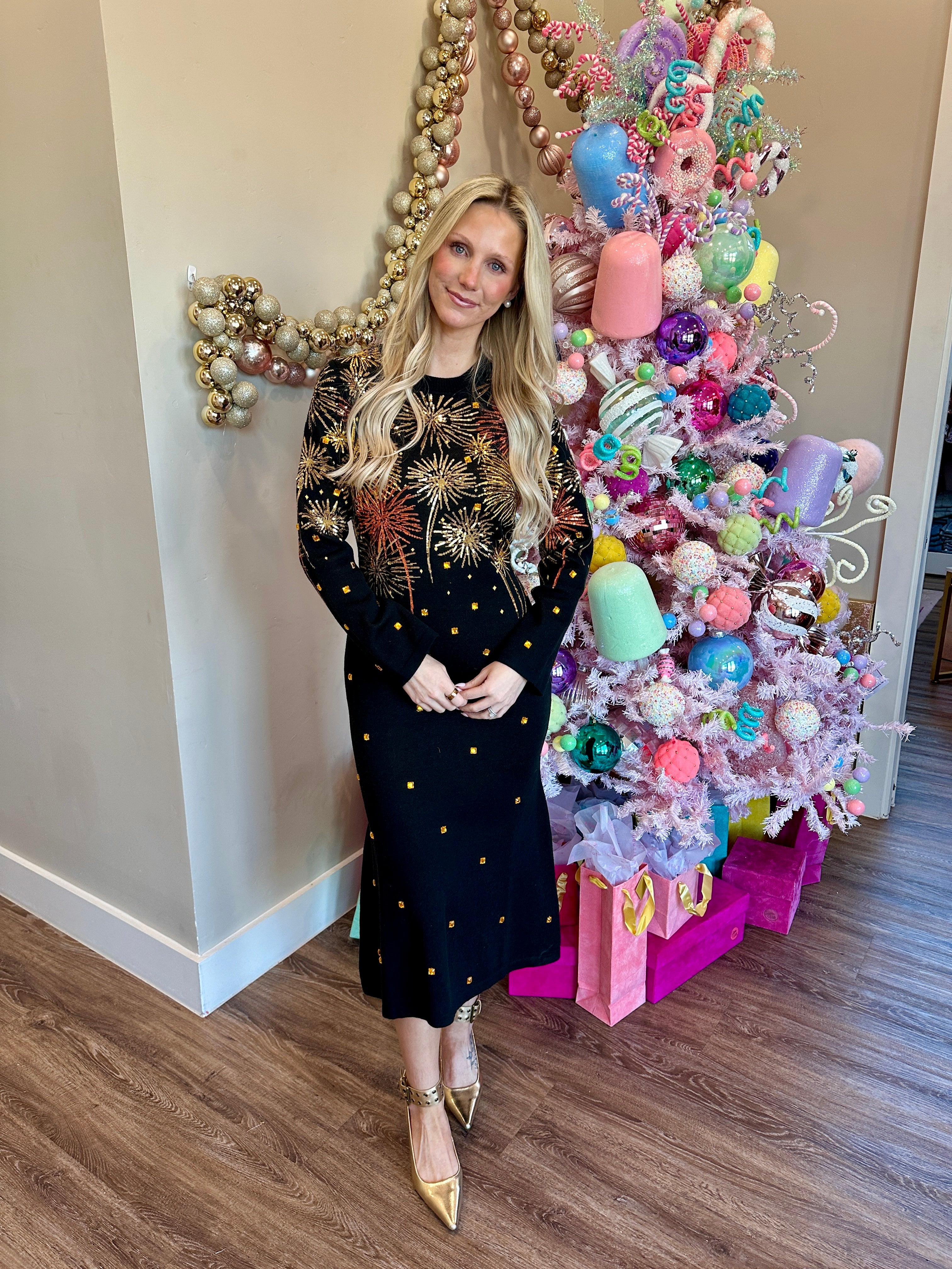 Black, Gold & Rose Gold Firework Jeweled Midi Sweater Dress - Queen Of Sparkles