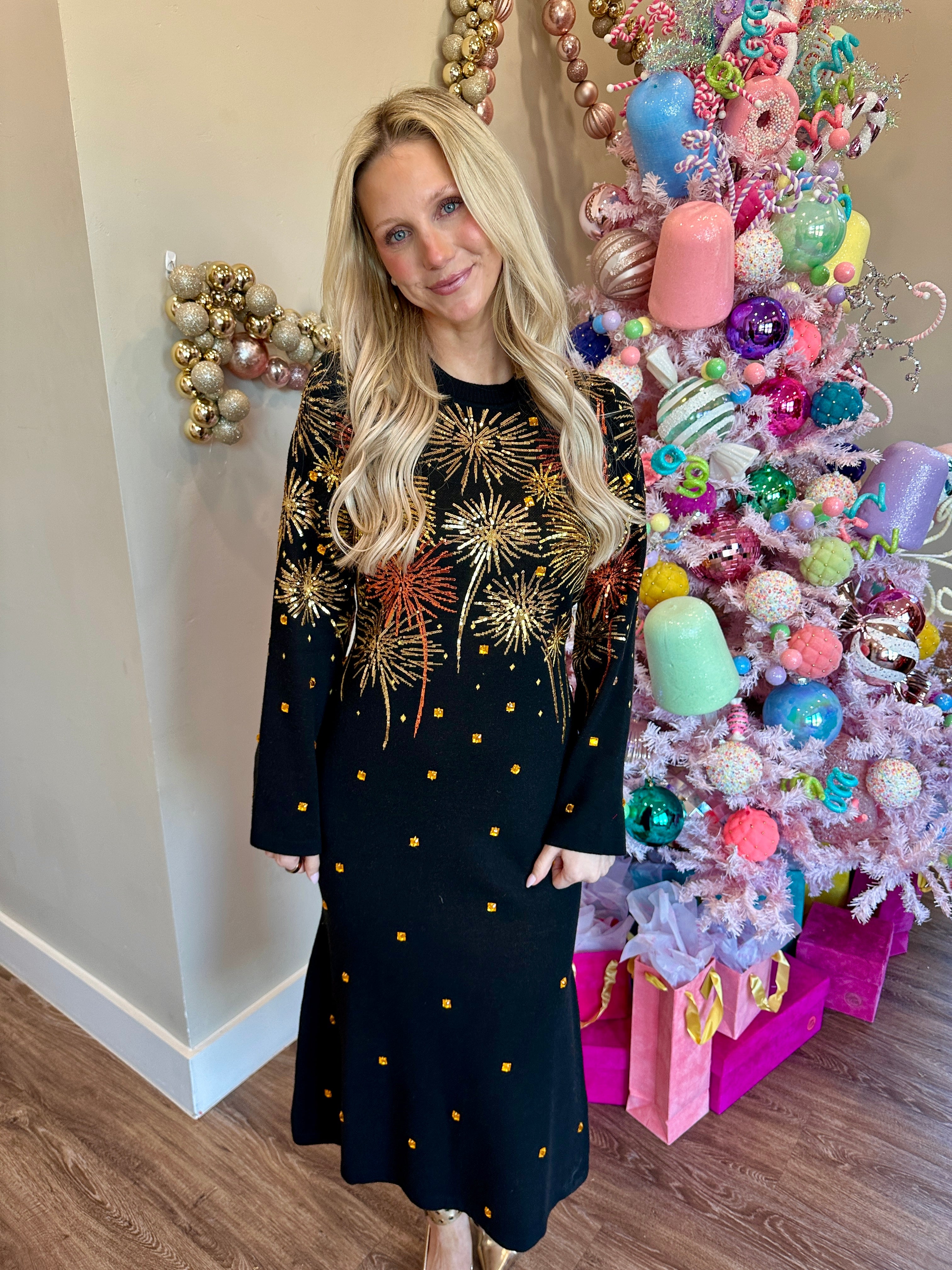 Black, Gold & Rose Gold Firework Jeweled Midi Sweater Dress - Queen Of Sparkles
