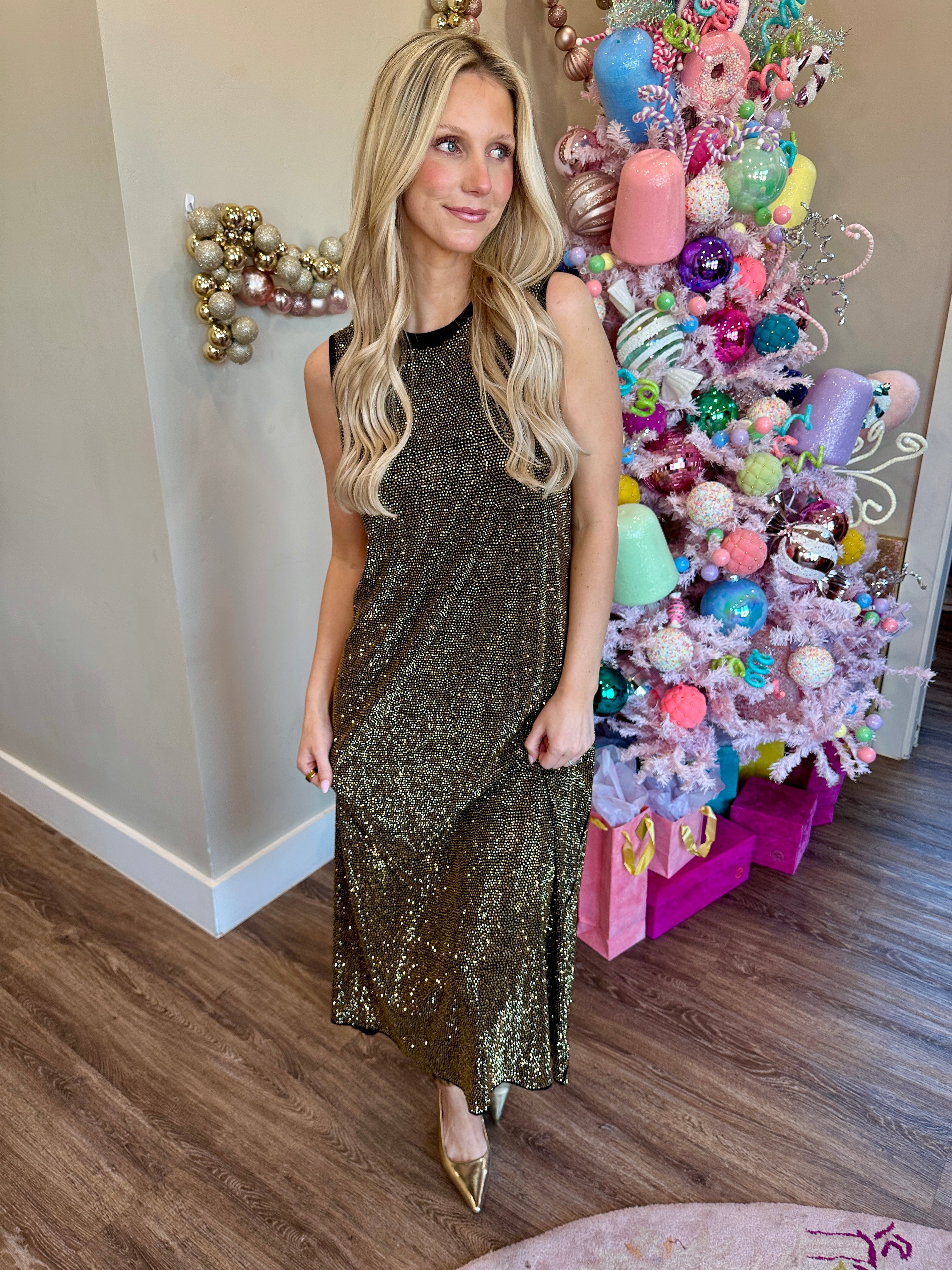 Black & Gold Full Rhinestone Active Midi Dress - Queen Of Sparkles