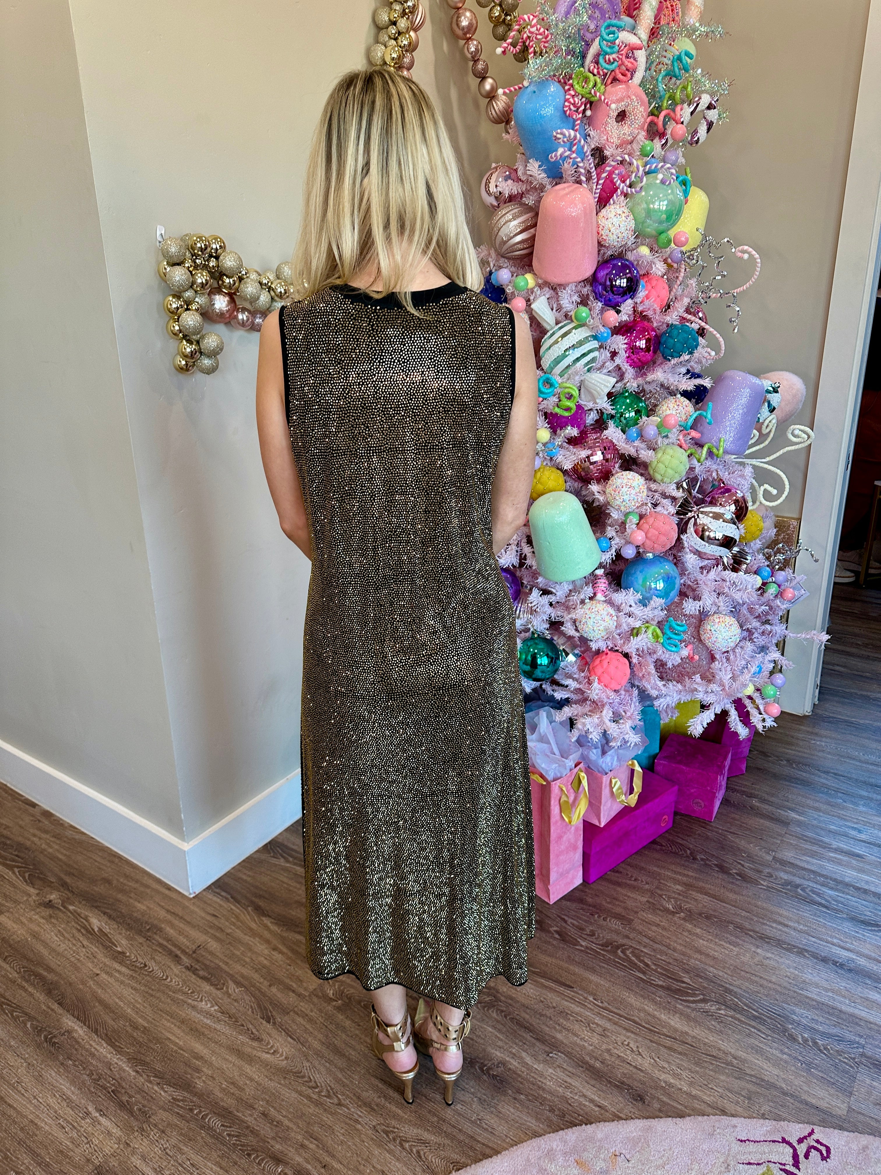 Black & Gold Full Rhinestone Active Midi Dress - Queen Of Sparkles