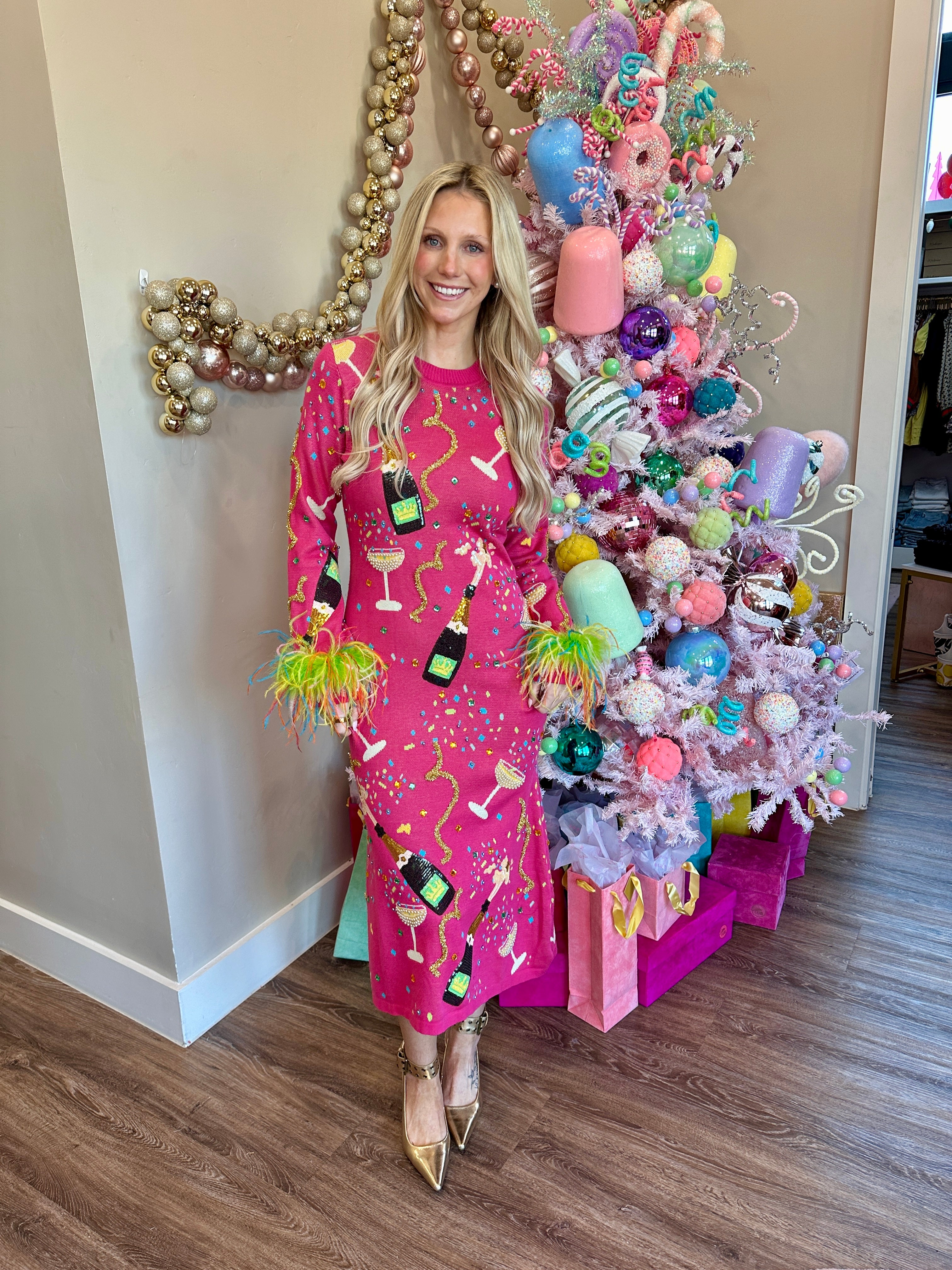 Hot Pink Popping Champagne Bottle & Coupe Feather Sleeve Midi Dress - Queen Of Sparkles