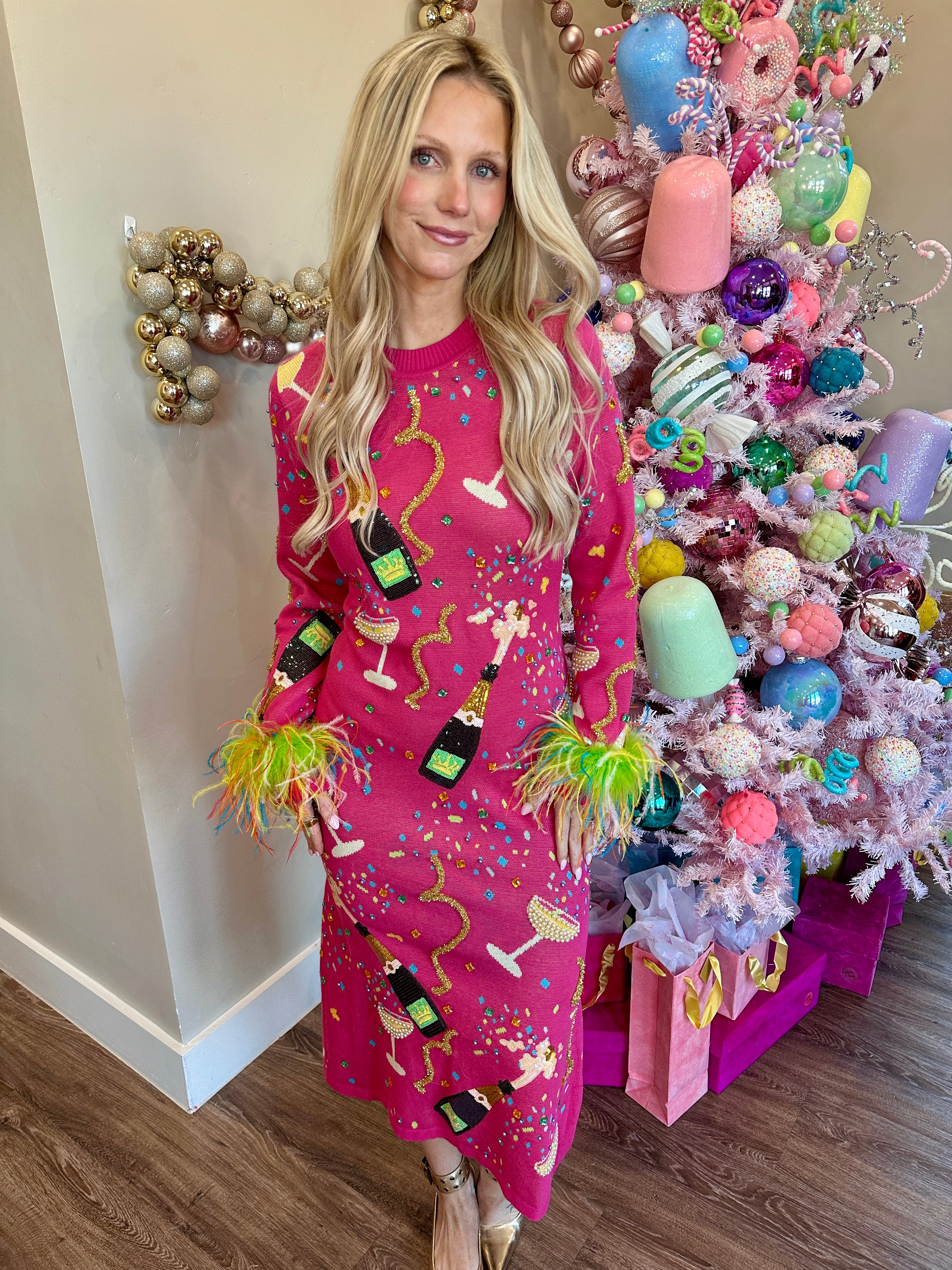 Hot Pink Popping Champagne Bottle & Coupe Feather Sleeve Midi Dress - Queen Of Sparkles