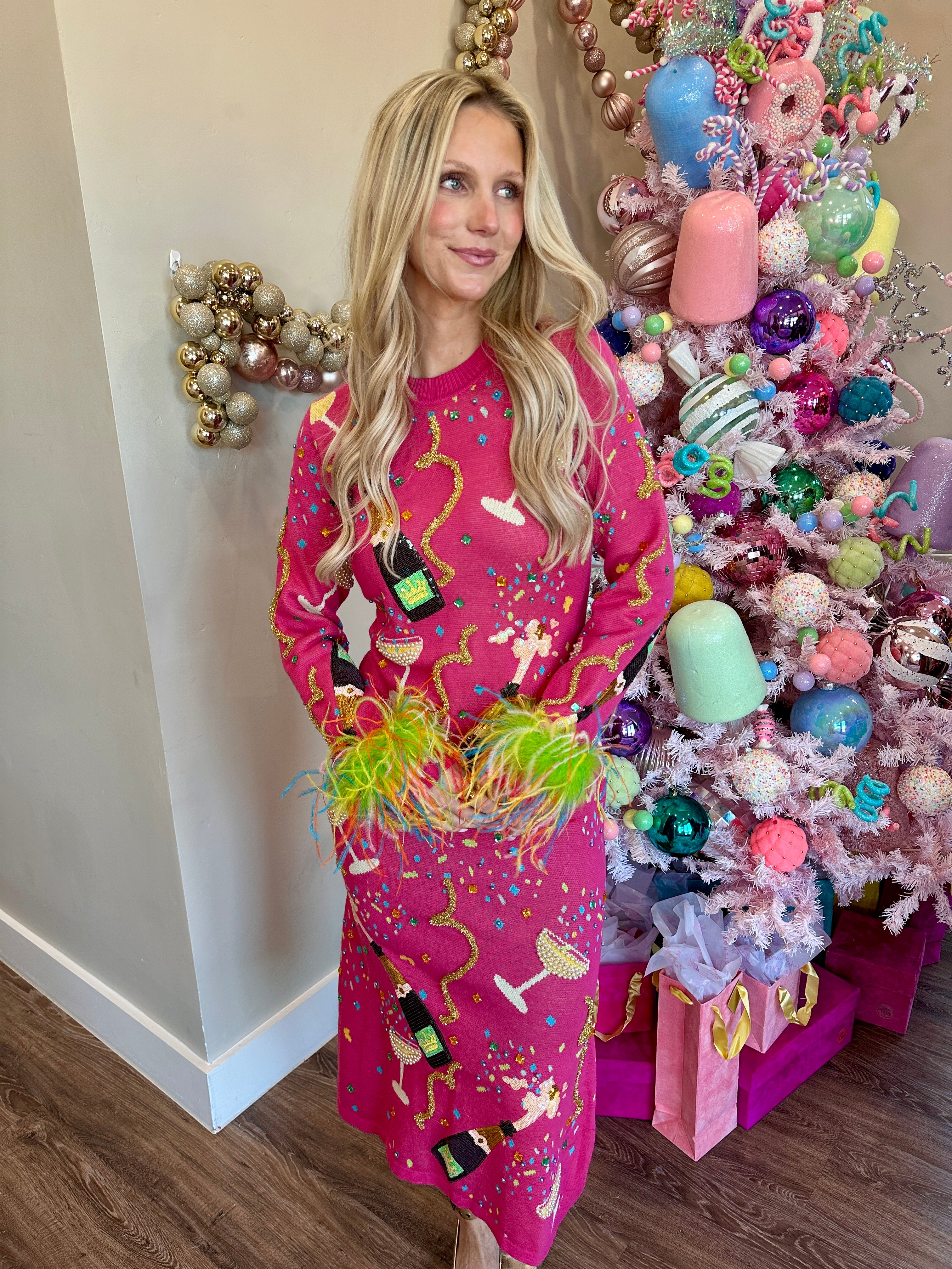 Hot Pink Popping Champagne Bottle & Coupe Feather Sleeve Midi Dress - Queen Of Sparkles