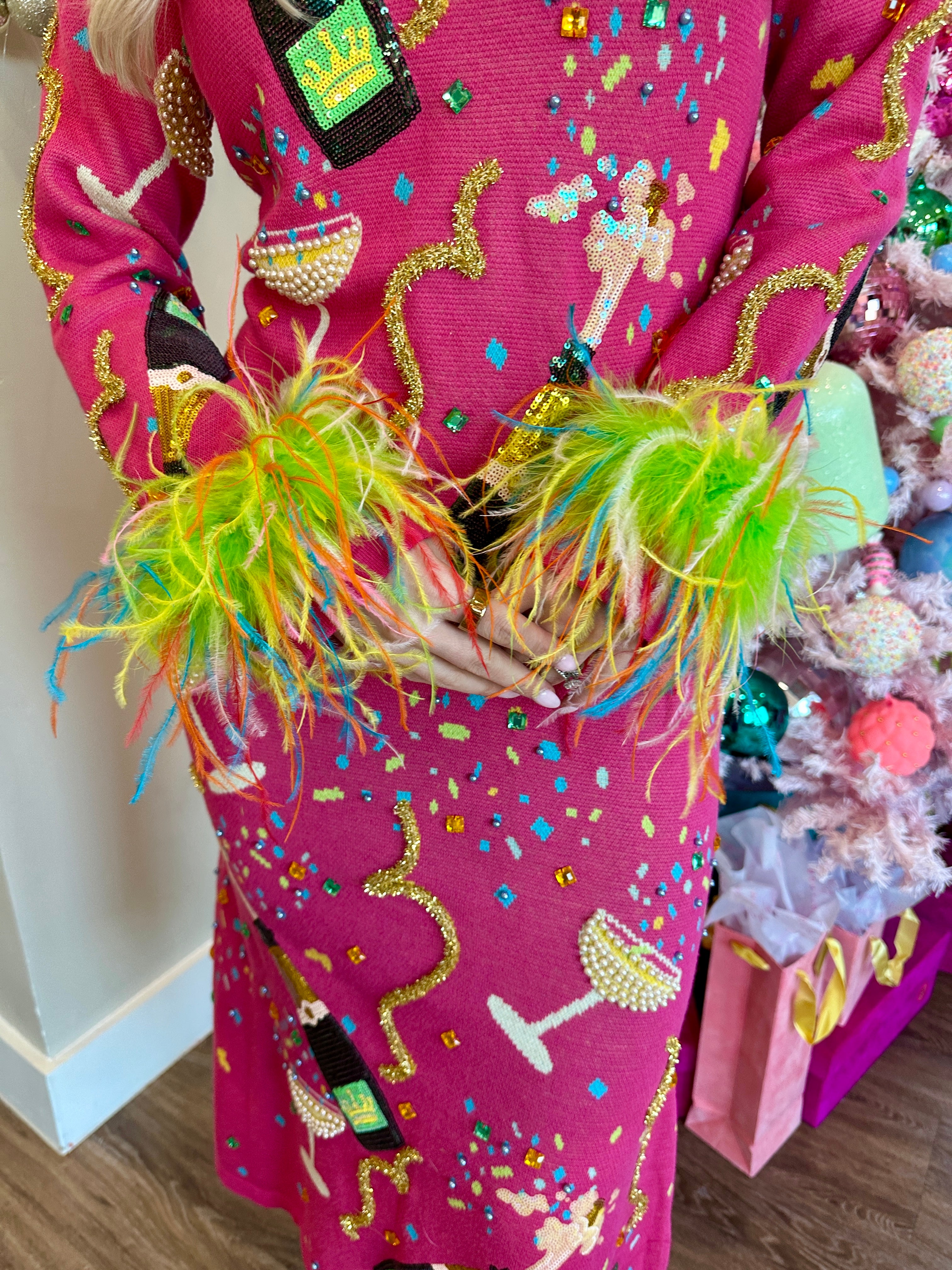 Hot Pink Popping Champagne Bottle & Coupe Feather Sleeve Midi Dress - Queen Of Sparkles