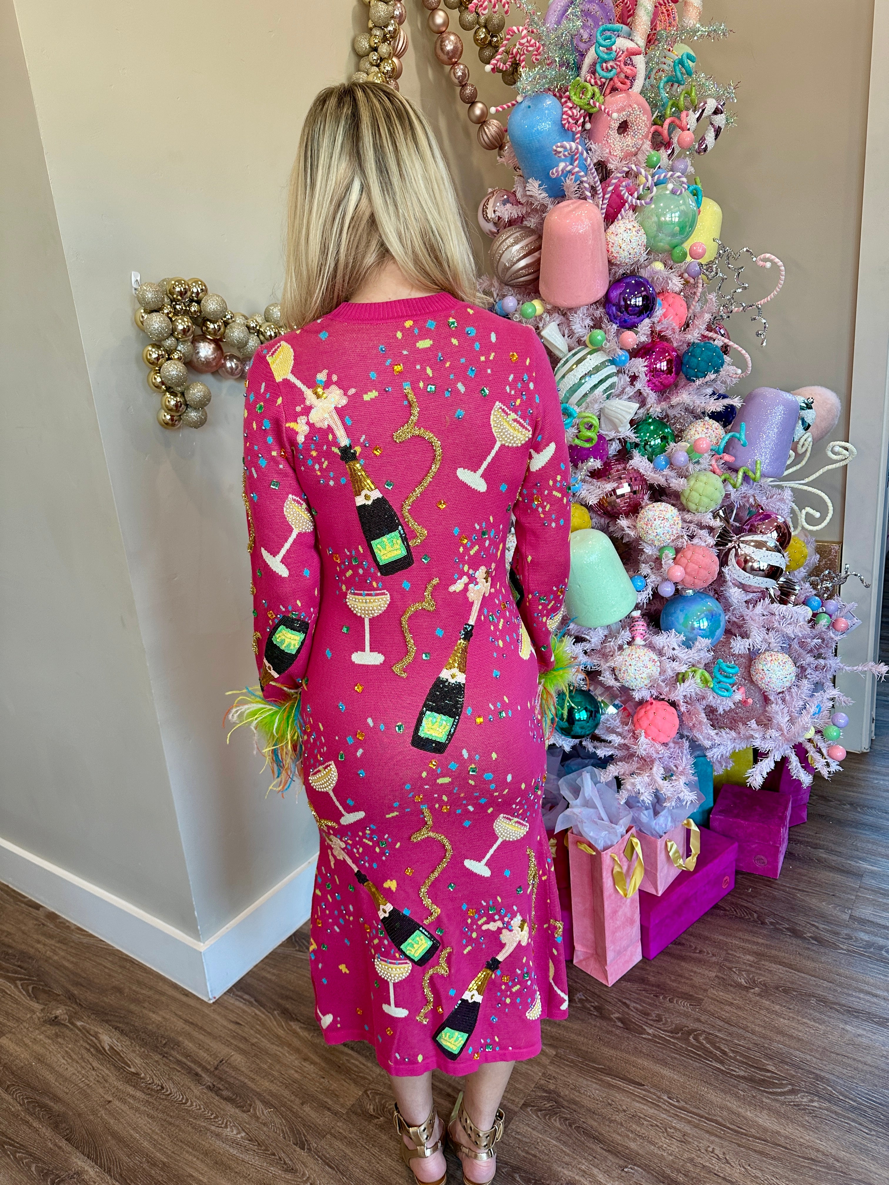 Hot Pink Popping Champagne Bottle & Coupe Feather Sleeve Midi Dress - Queen Of Sparkles