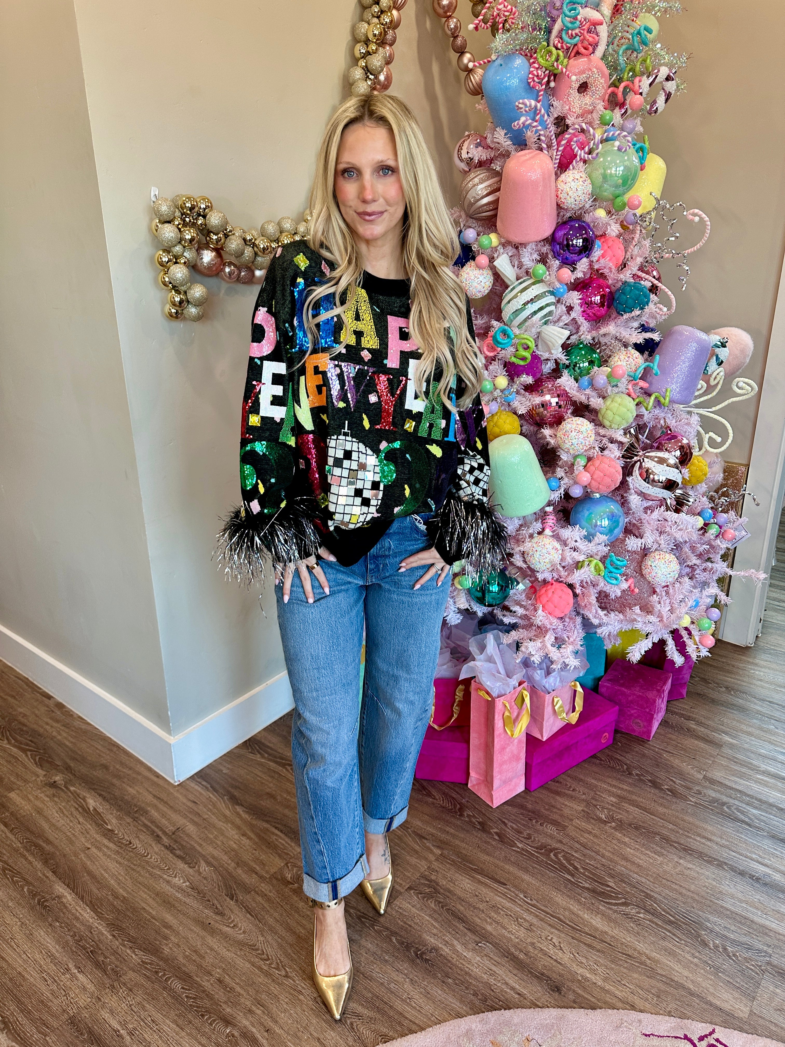 Black Multi 'Happy New Year 2026' Feather Sleeve Sweater - Queen Of Sparkles