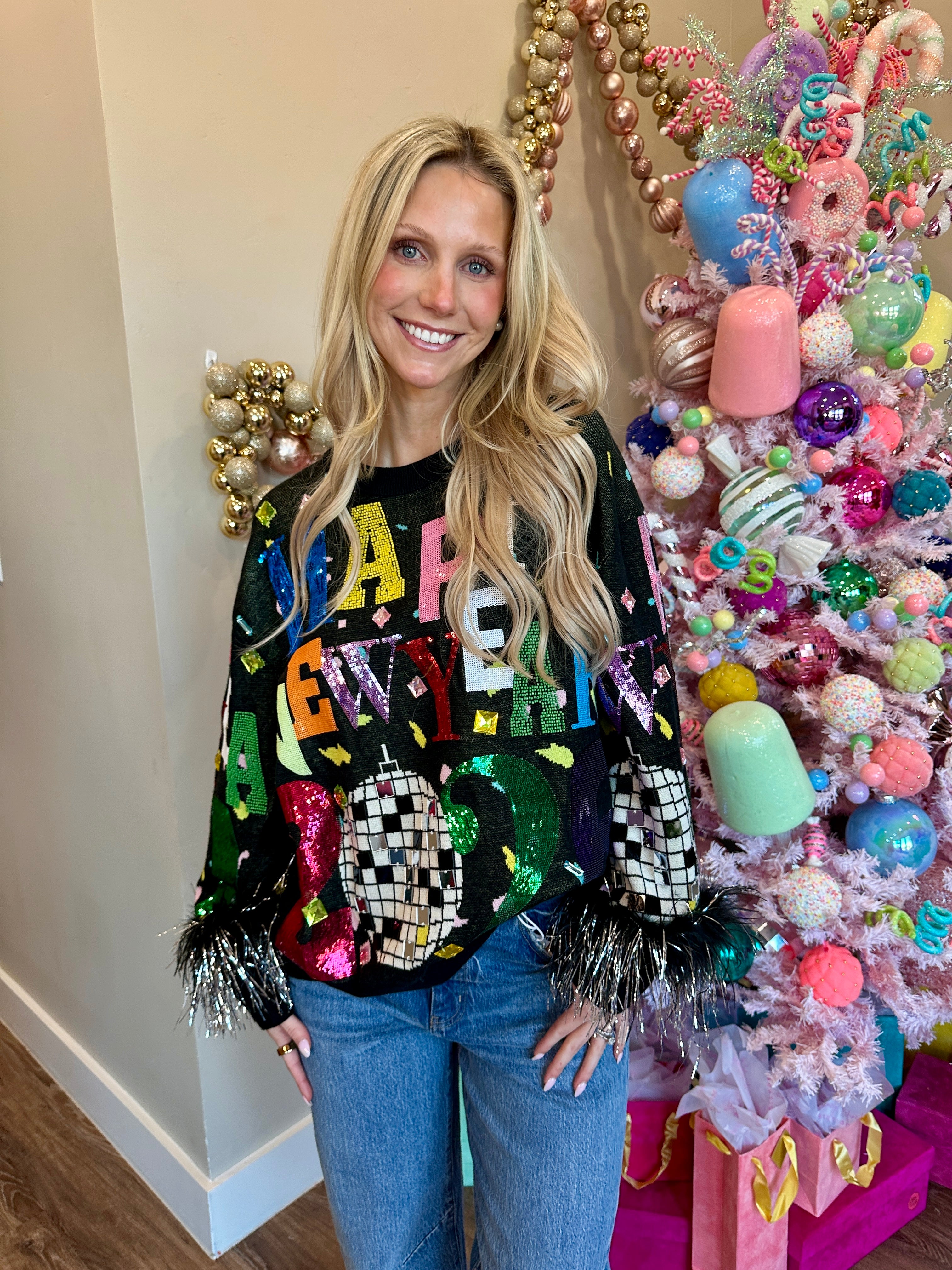 Black Multi 'Happy New Year 2026' Feather Sleeve Sweater - Queen Of Sparkles