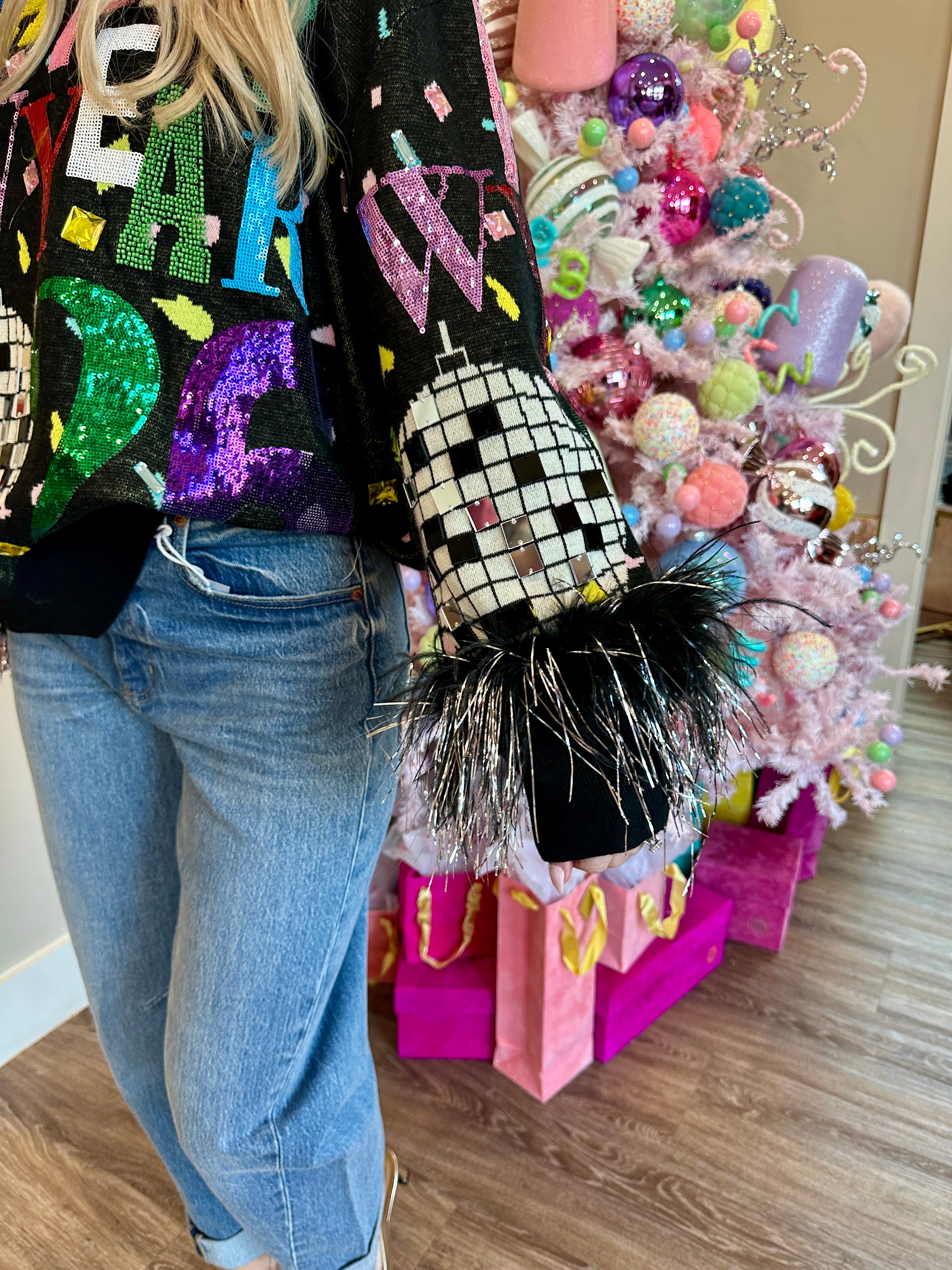 Black Multi 'Happy New Year 2026' Feather Sleeve Sweater - Queen Of Sparkles