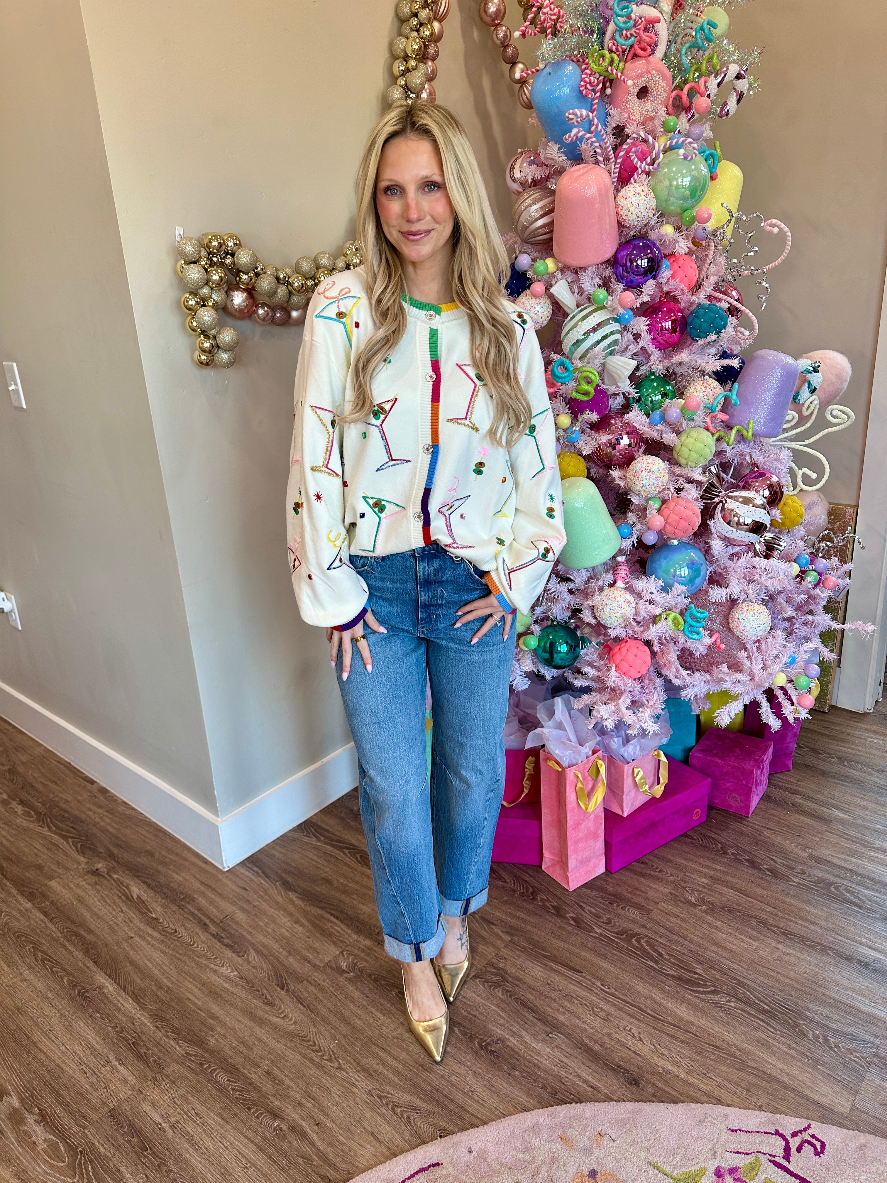 White Multi Cosmo & Martini Button Up Cardigan With Rainbow Trim - Queen Of Sparkles