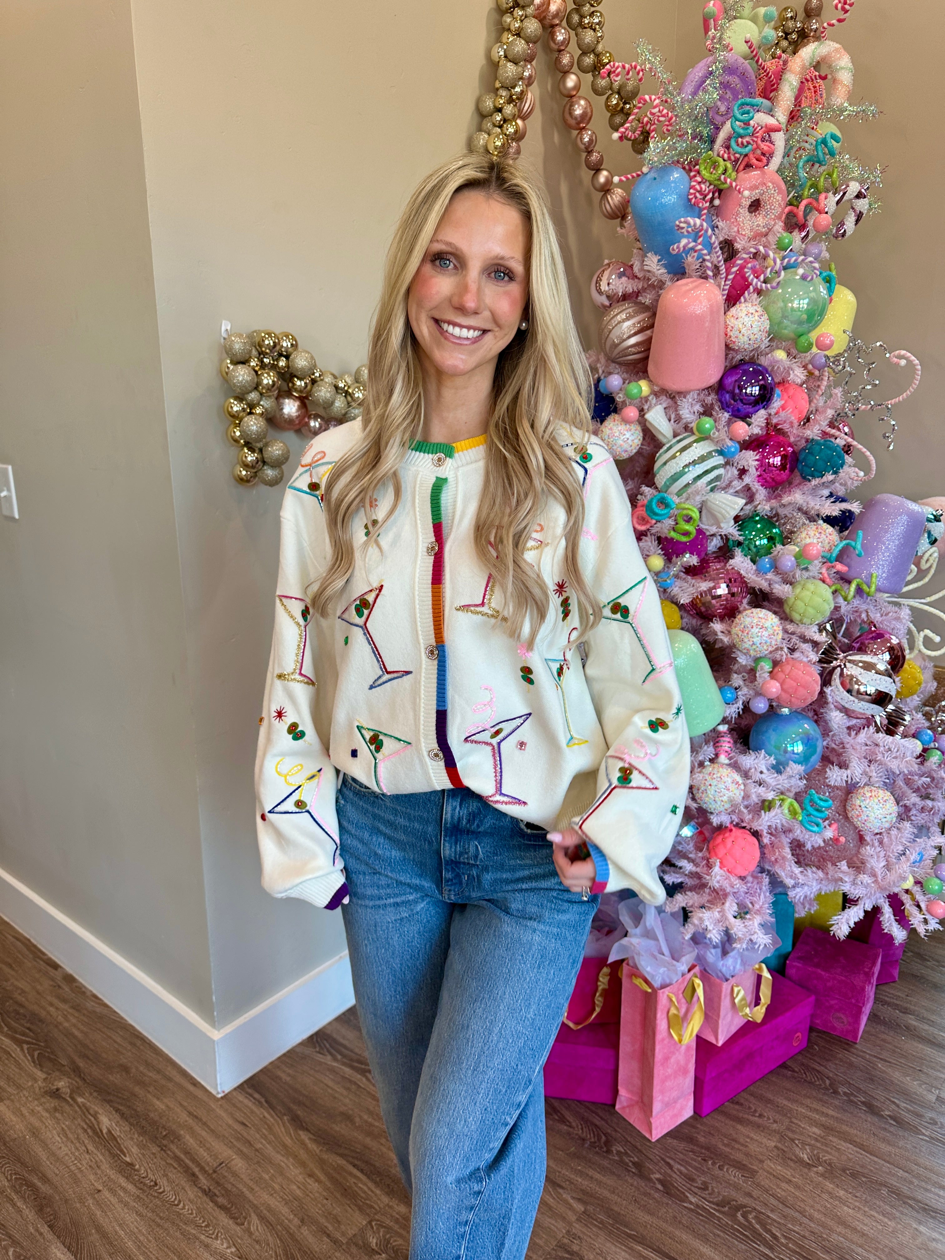 White Multi Cosmo & Martini Button Up Cardigan With Rainbow Trim - Queen Of Sparkles