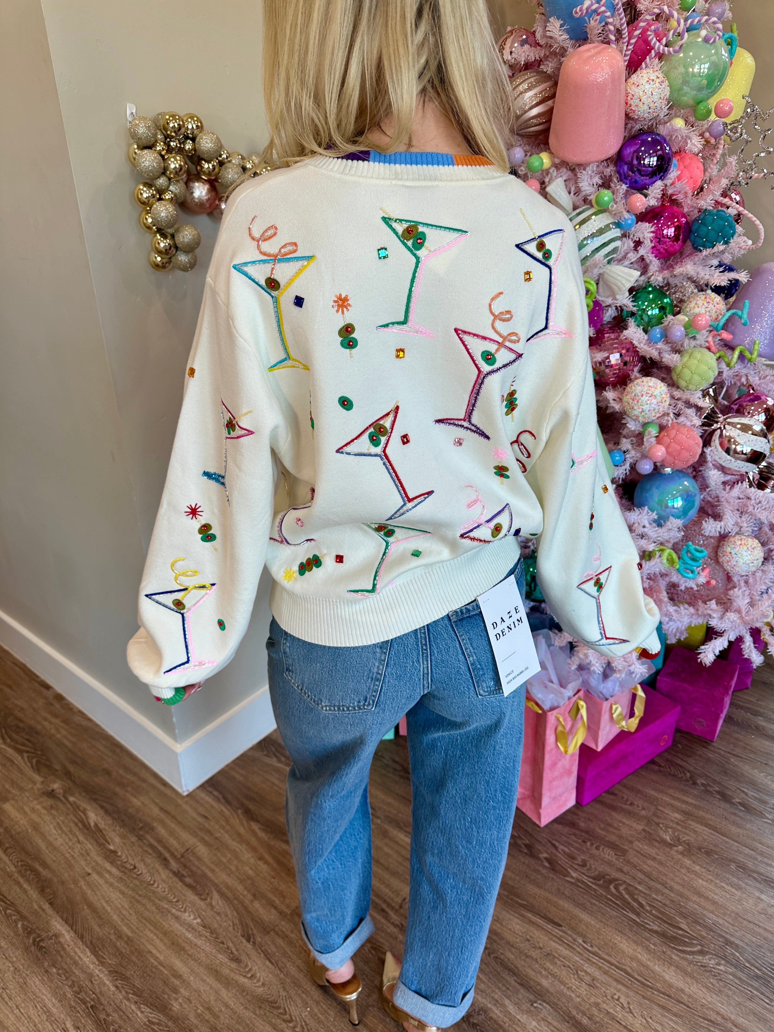 White Multi Cosmo & Martini Button Up Cardigan With Rainbow Trim - Queen Of Sparkles