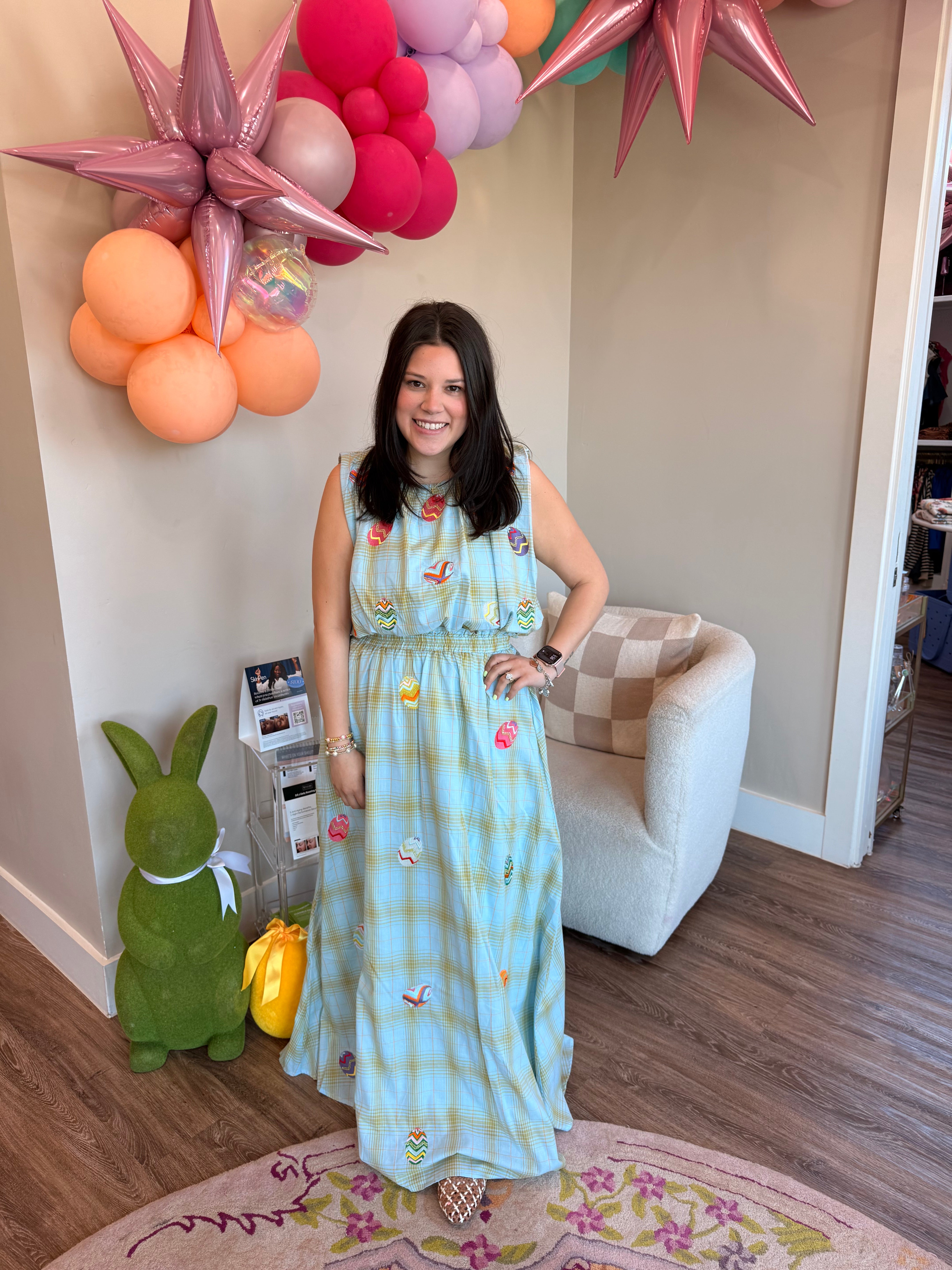 Green & Blue Plaid Multi Easter Egg Cotton Midi Skirt- QOS