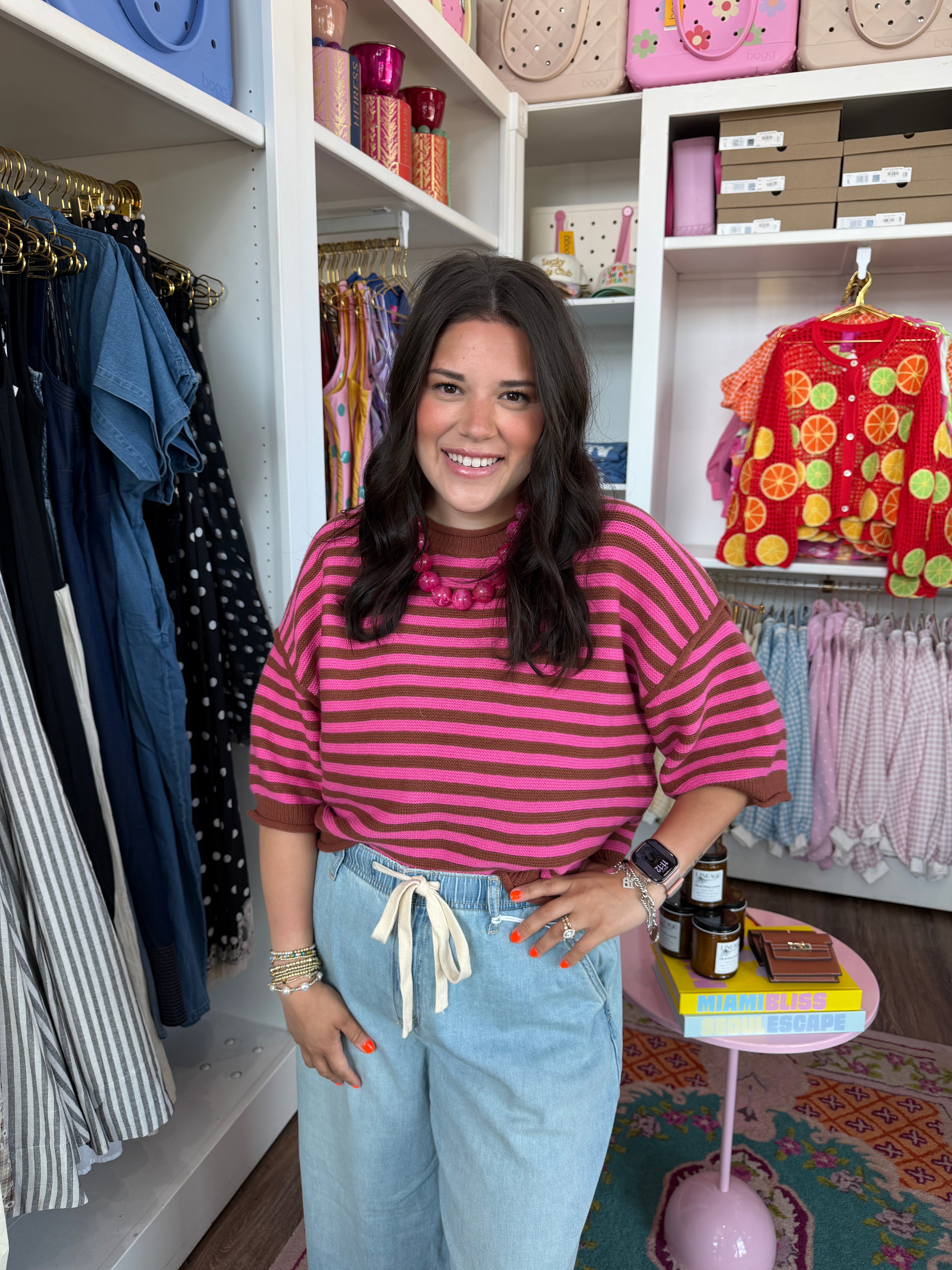 Pink and Brown Striped Short Sleeve Sweater