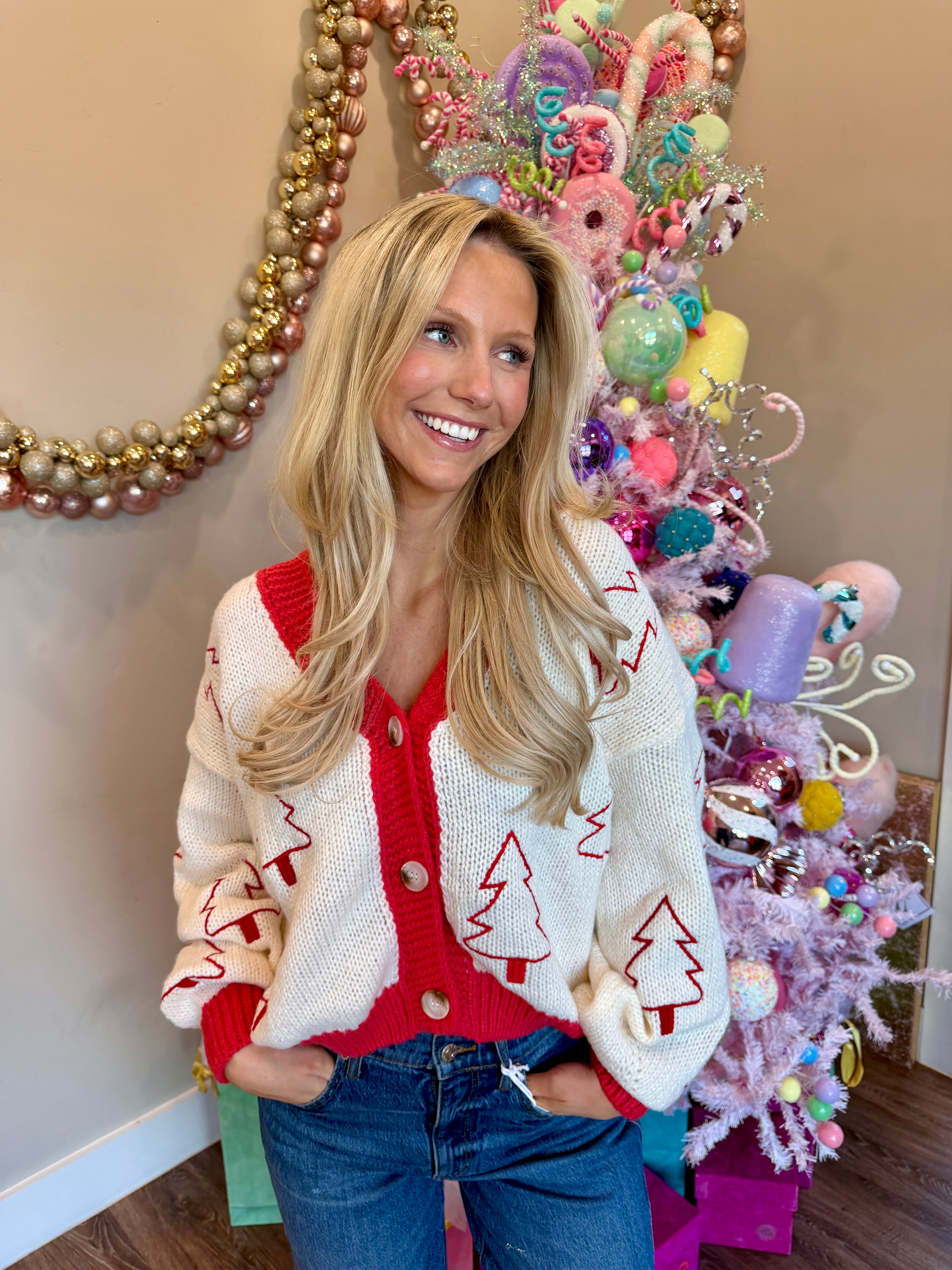 Tree Embroidered contrast sweater cardigan