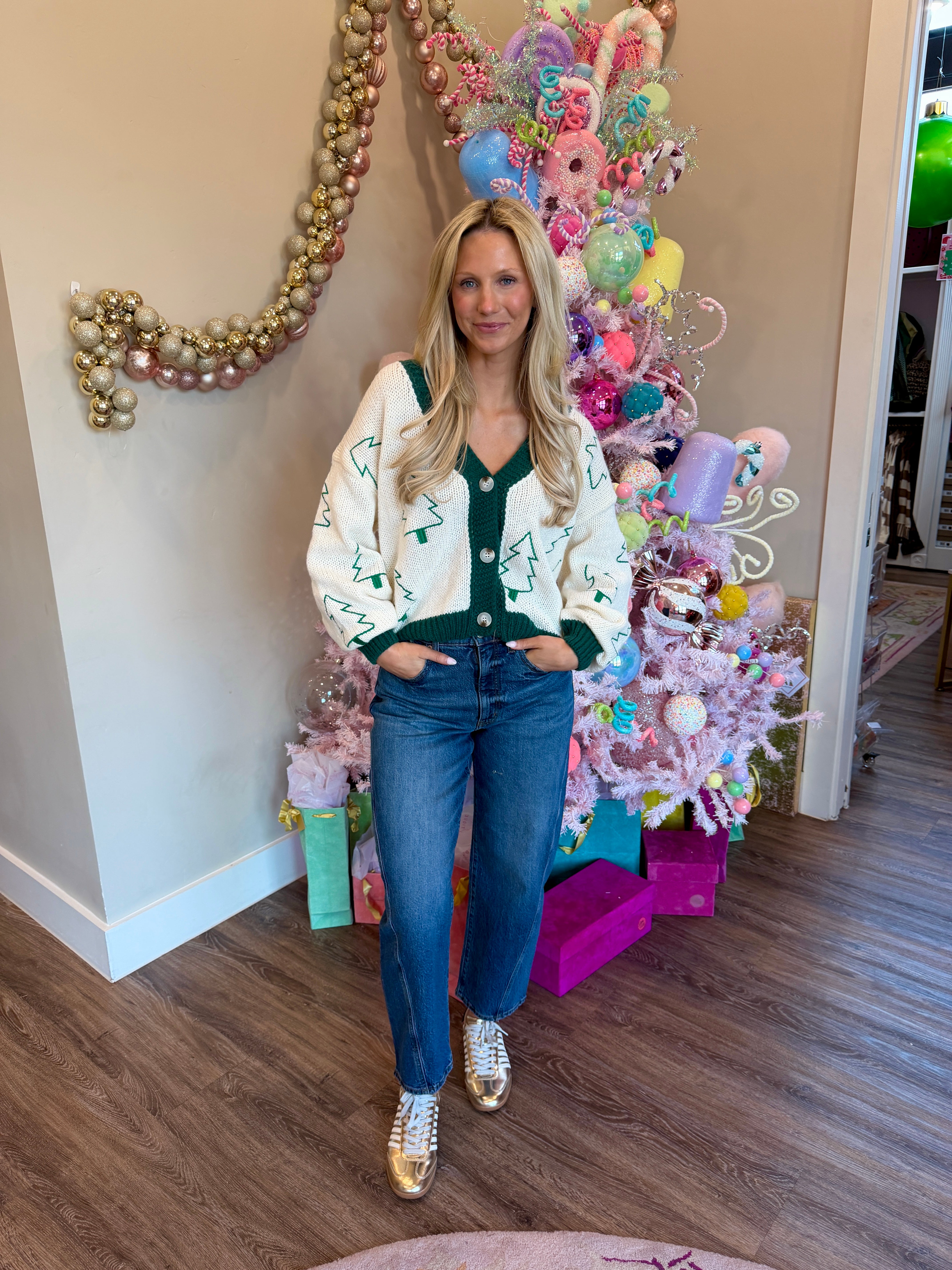 Tree Embroidered contrast sweater cardigan