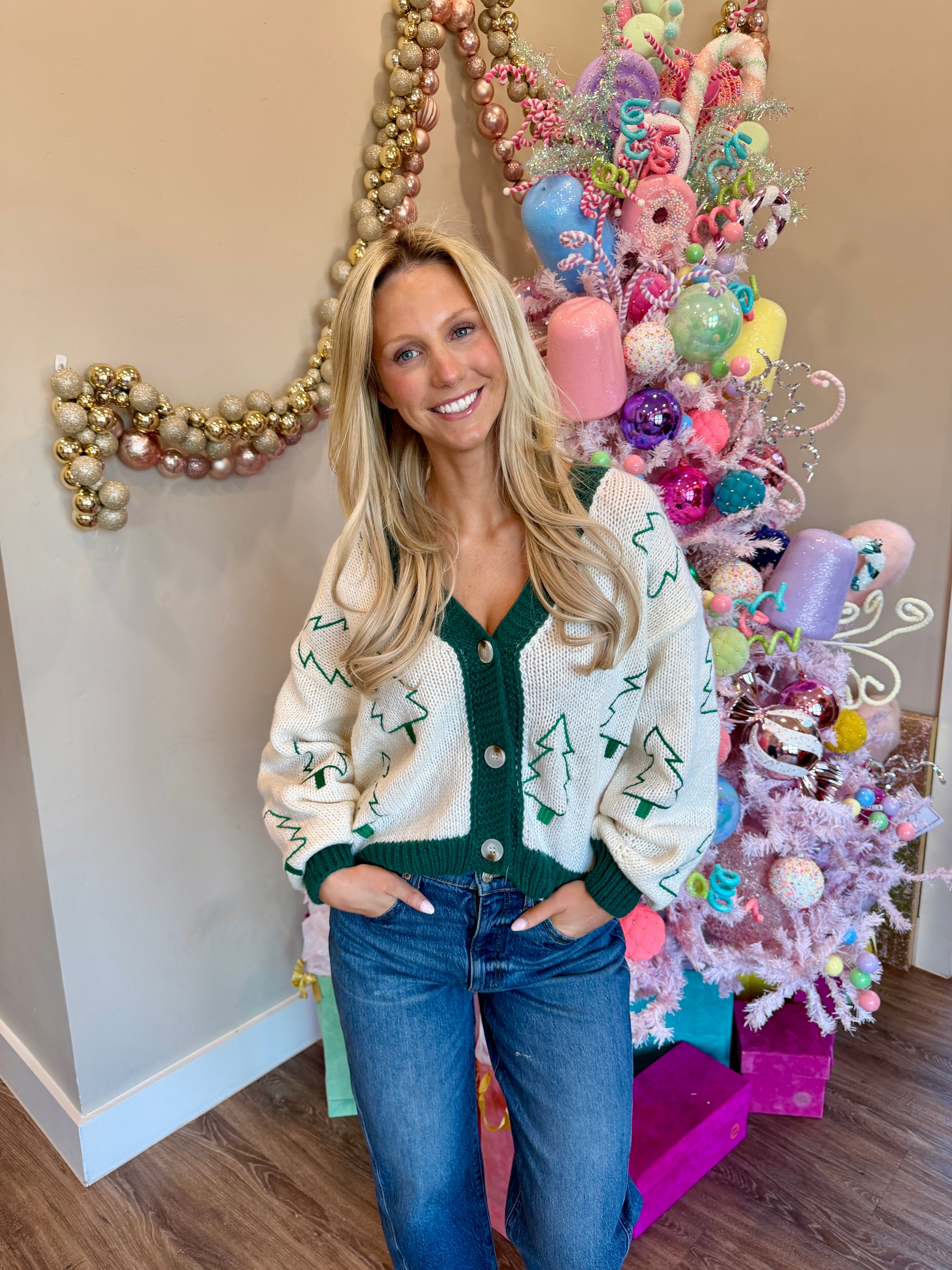 Tree Embroidered contrast sweater cardigan