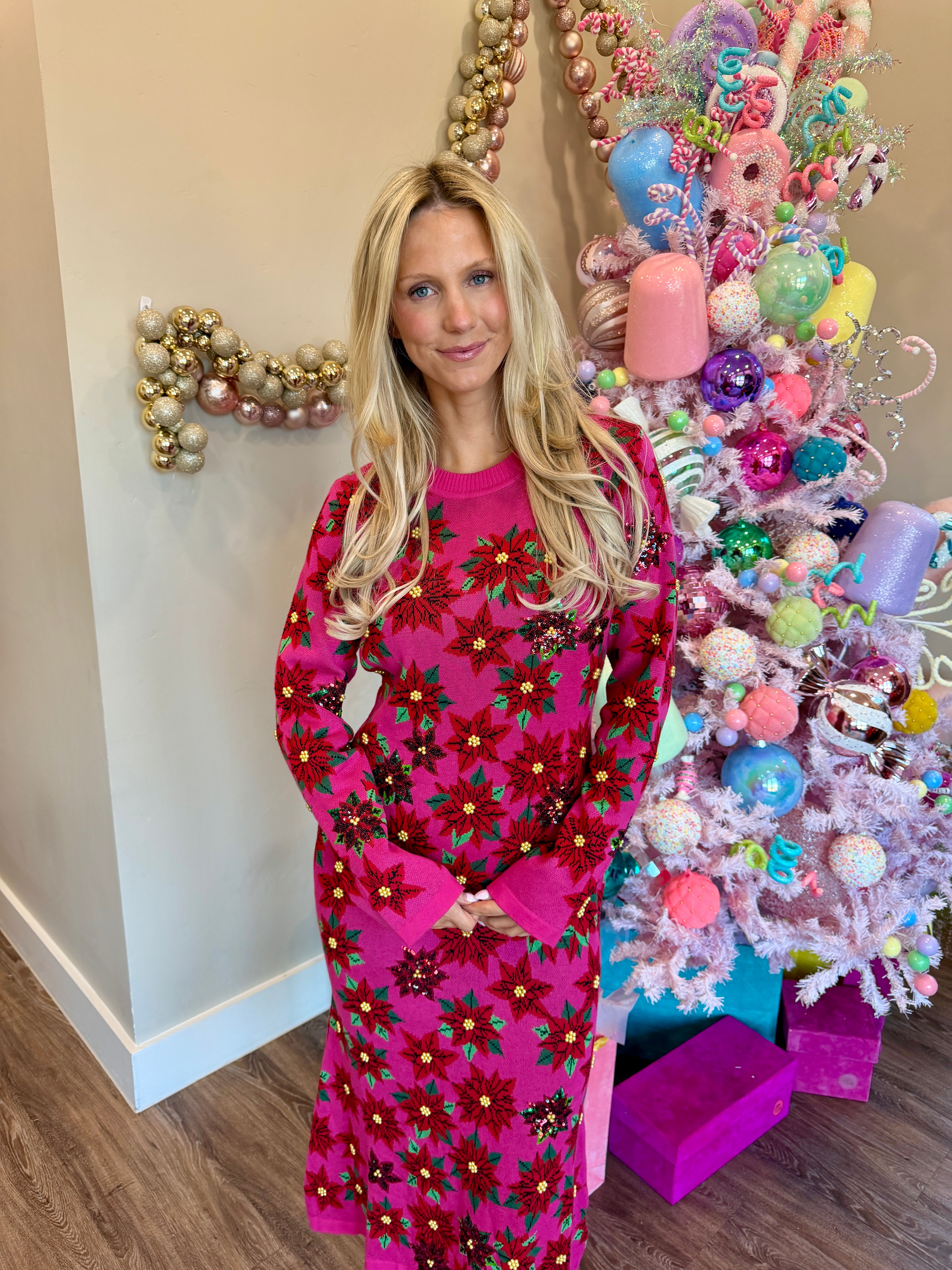 Pink & Red Poinsettia Knit Midi Dress - Queen Of Sparkles