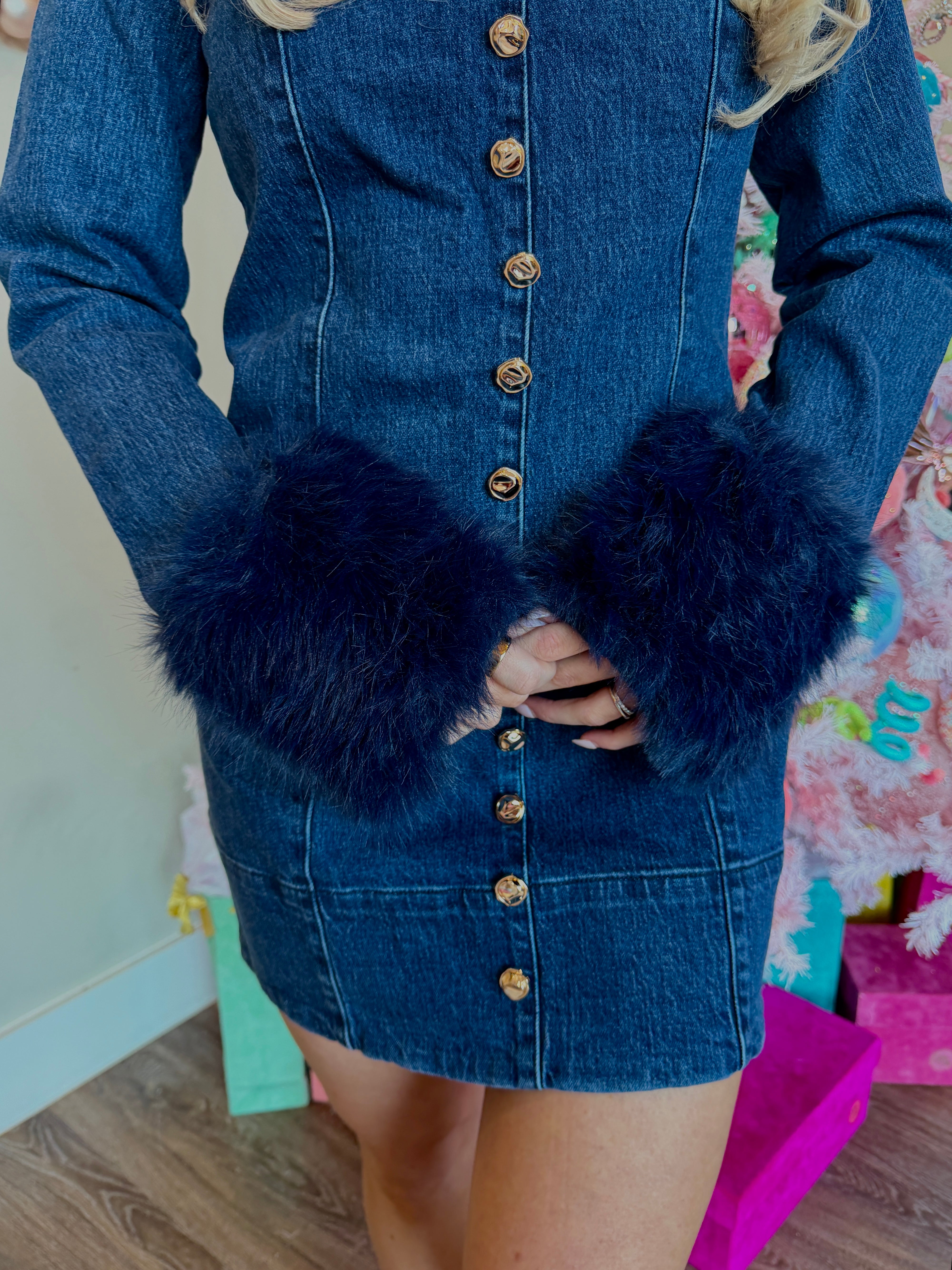 Rockefeller Mini Dress Subzero Indigo with Faux Fur- Show Me Your Mumu