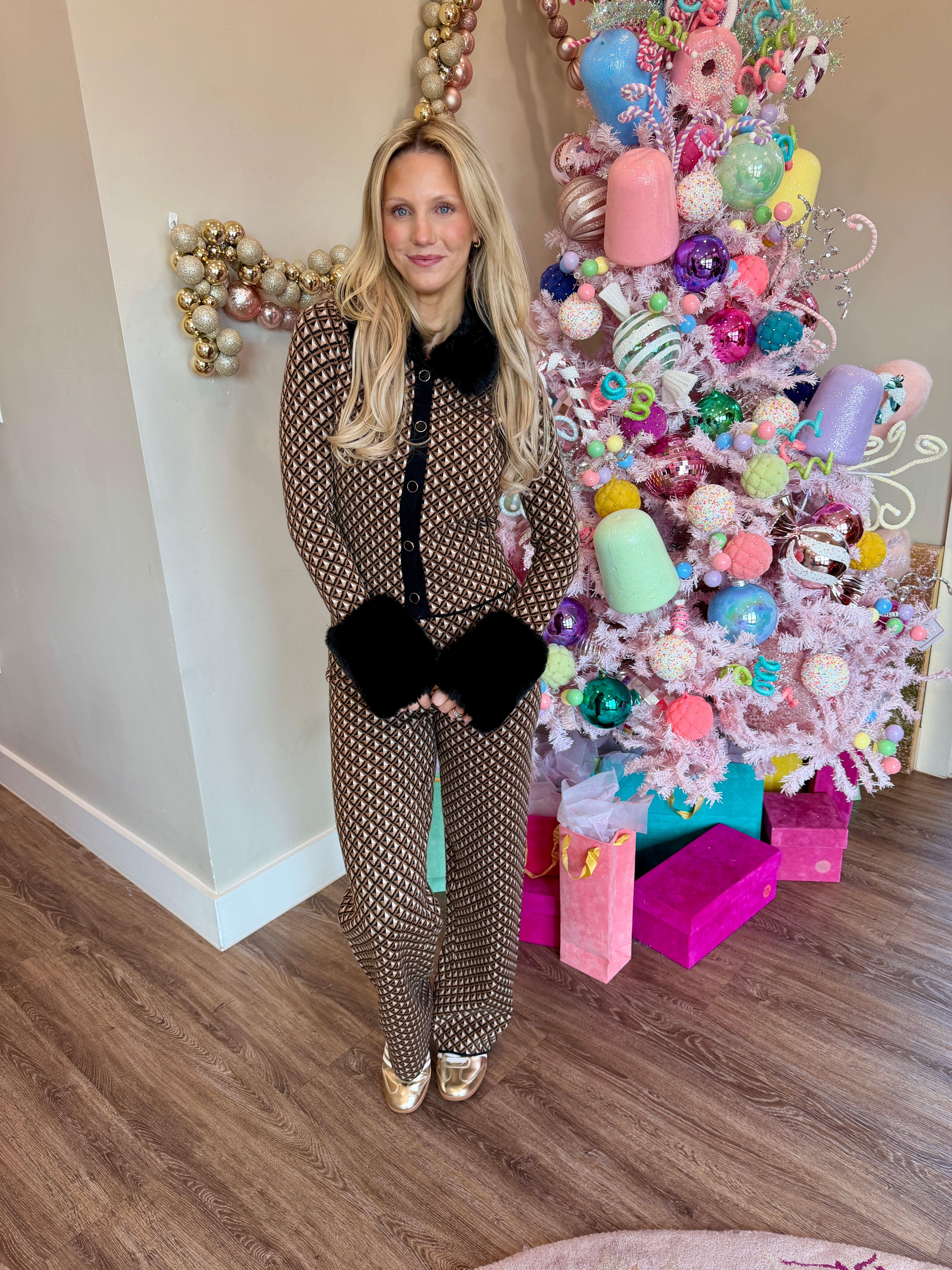 Chateau Cardigan-Carmel Geo Knit with Faux Fur