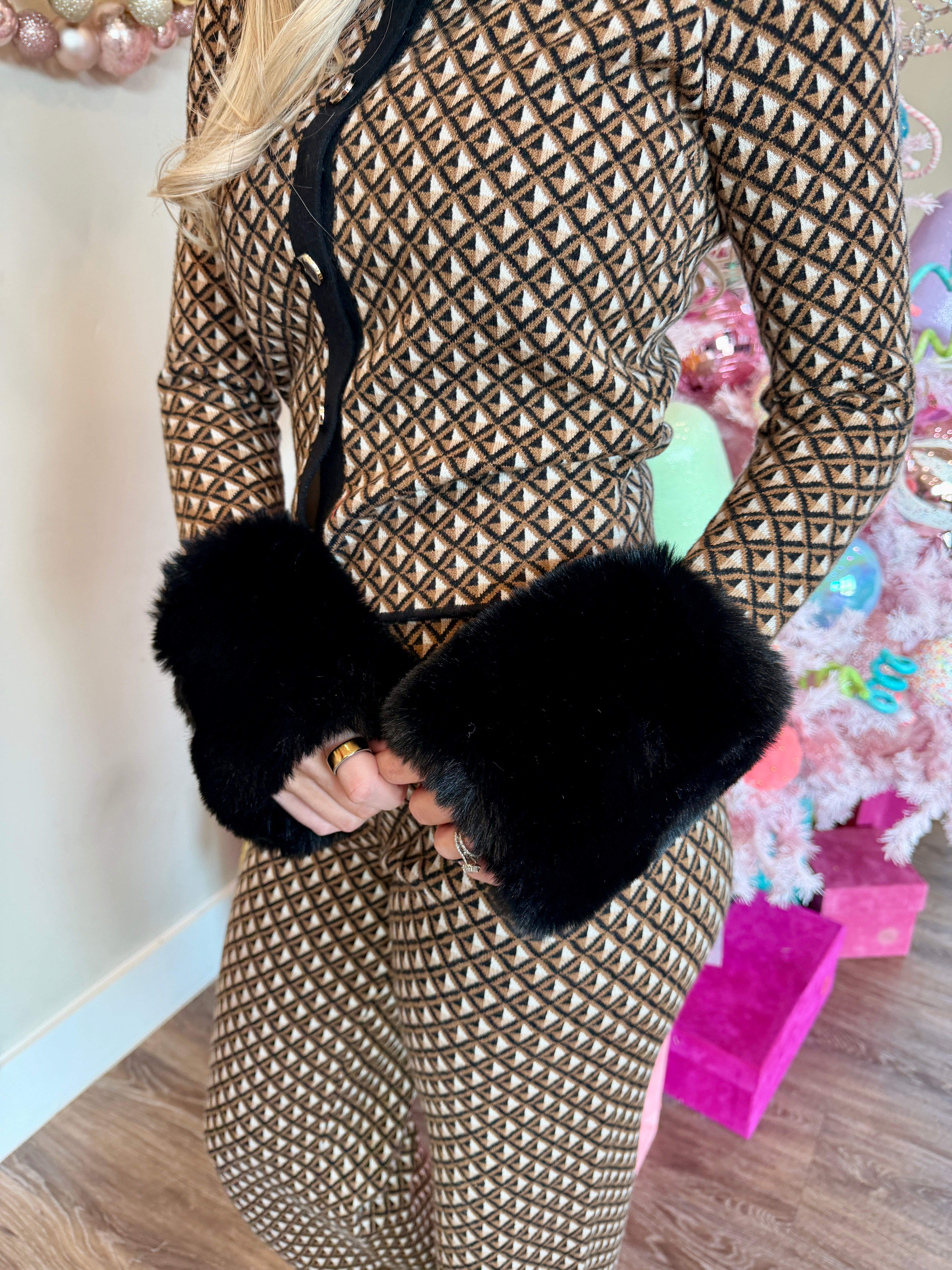 Chateau Cardigan-Carmel Geo Knit with Faux Fur