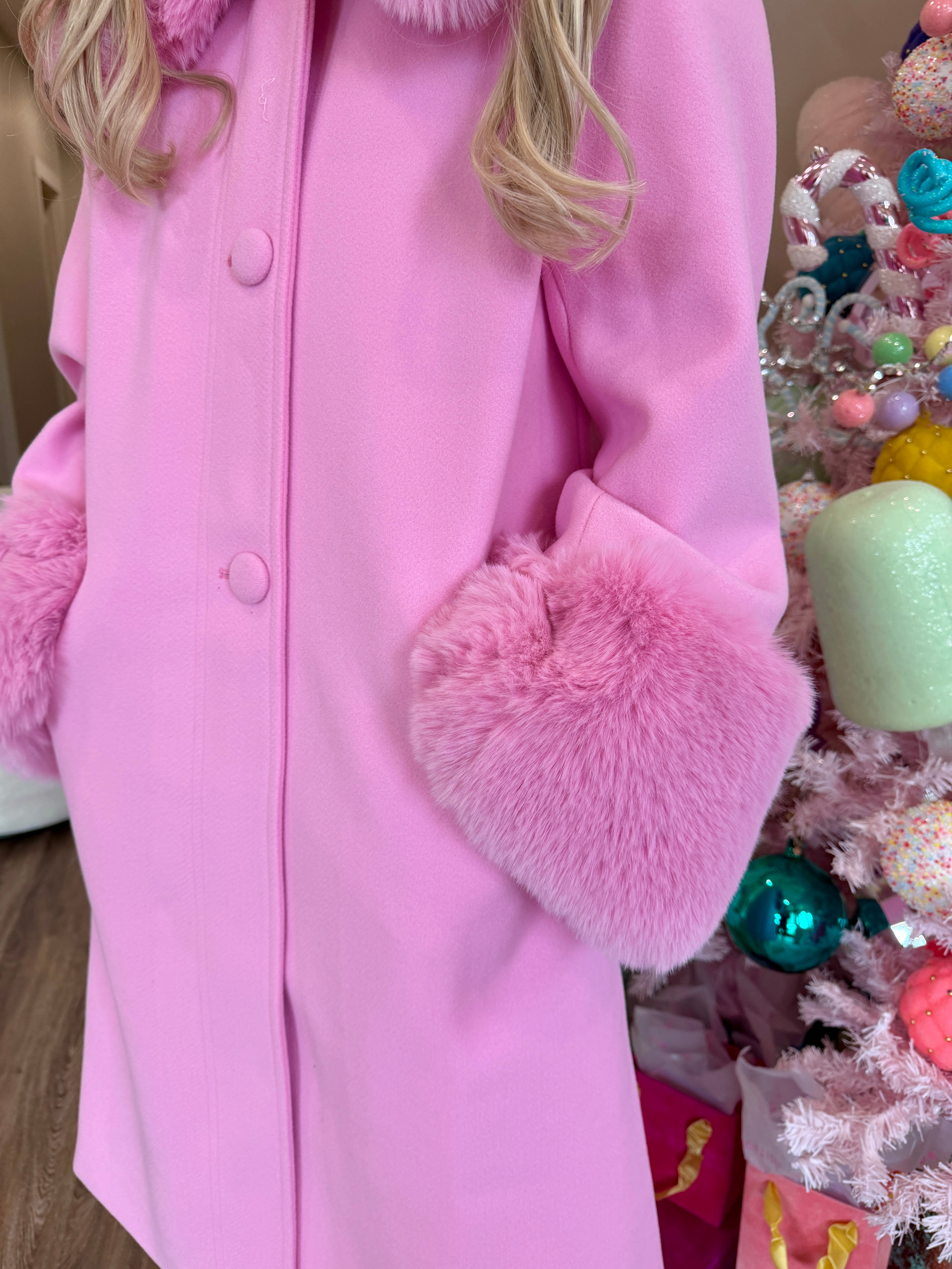 Carmine Faux Fur Trim Coat- Star Dust