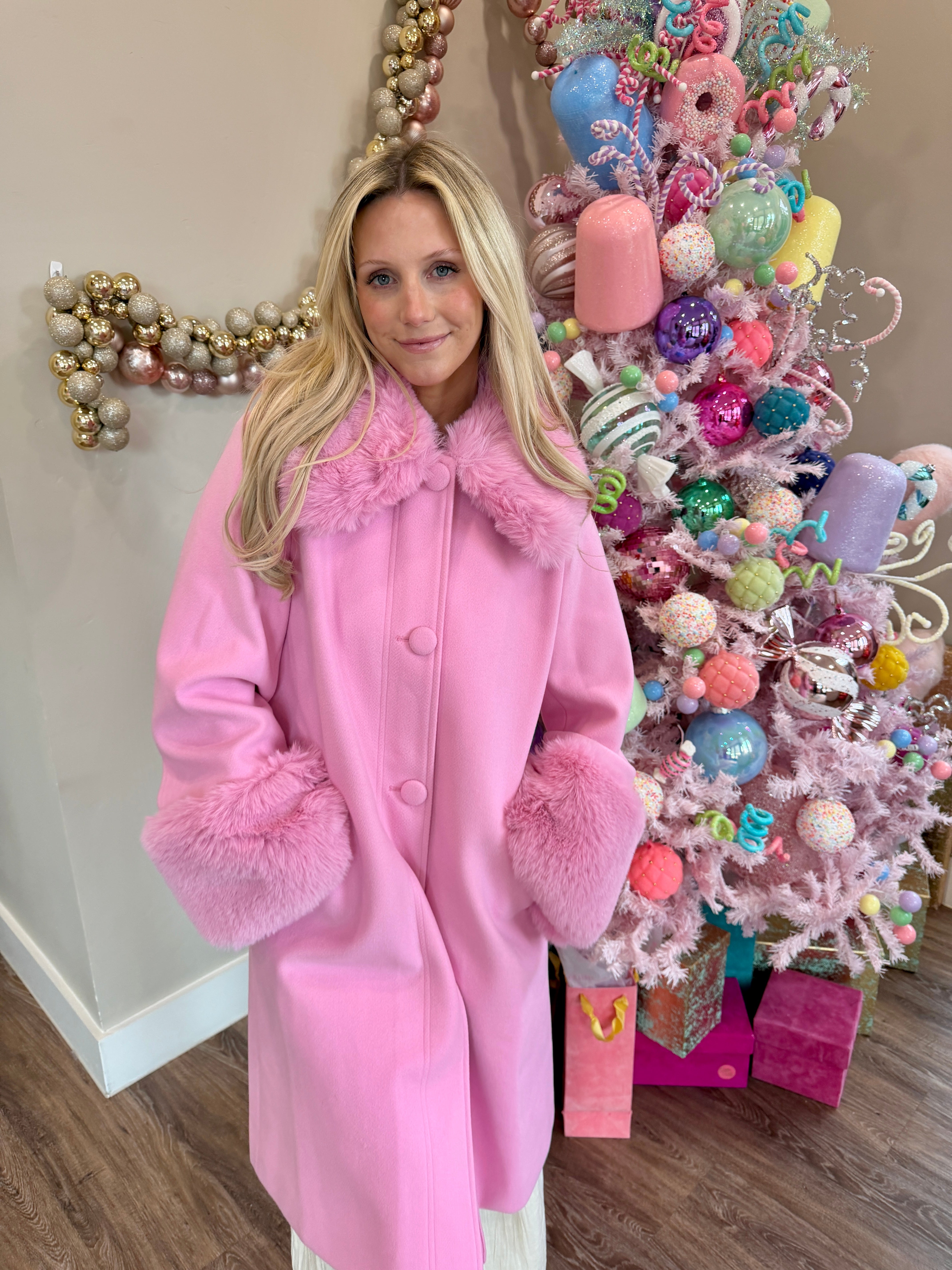 Carmine Faux Fur Trim Coat- Star Dust