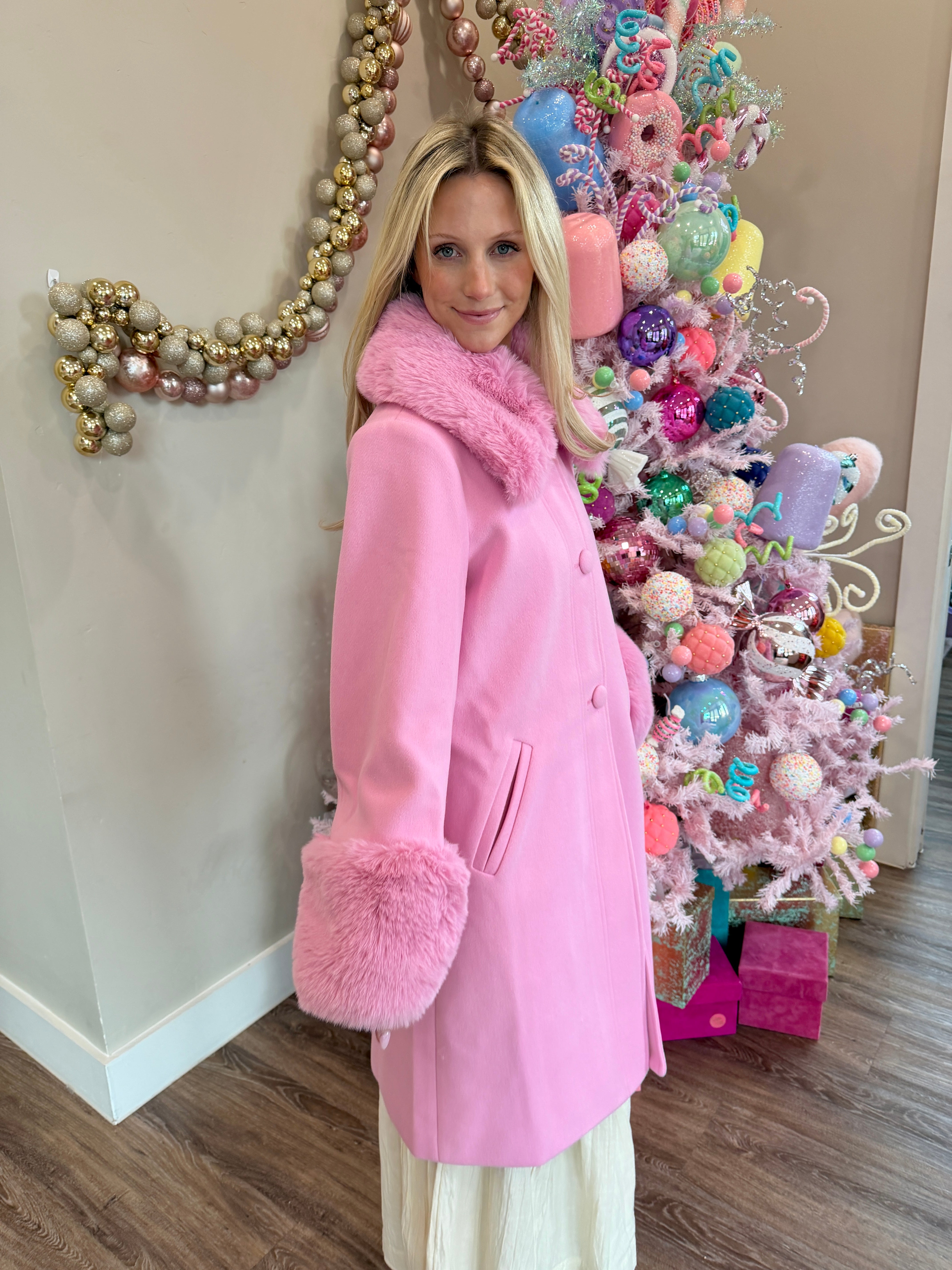 Carmine Faux Fur Trim Coat- Star Dust