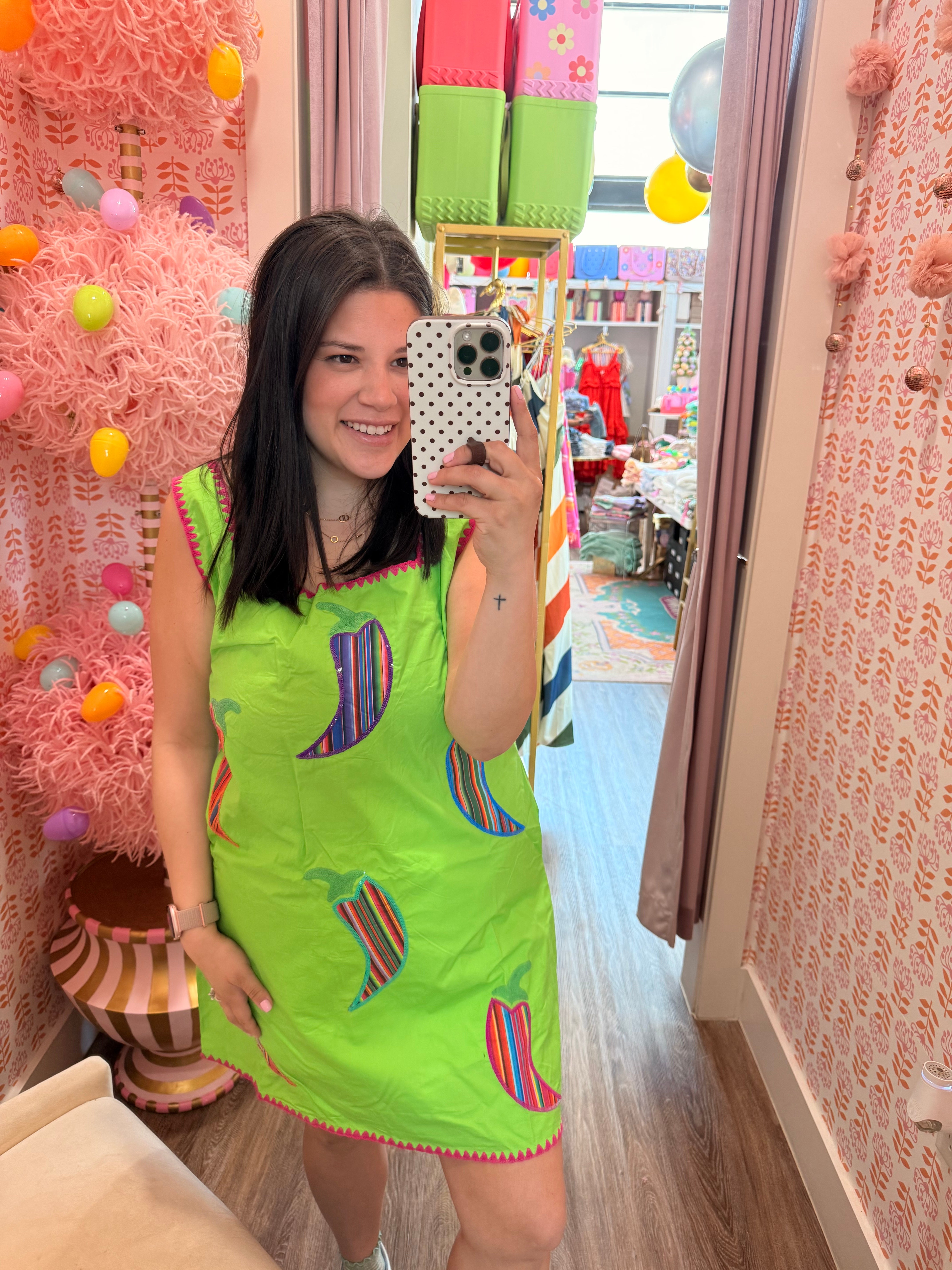 reen & Pink Embroidered Trim Striped Chili Pepper Tank Dress - Queen Of Sparkles