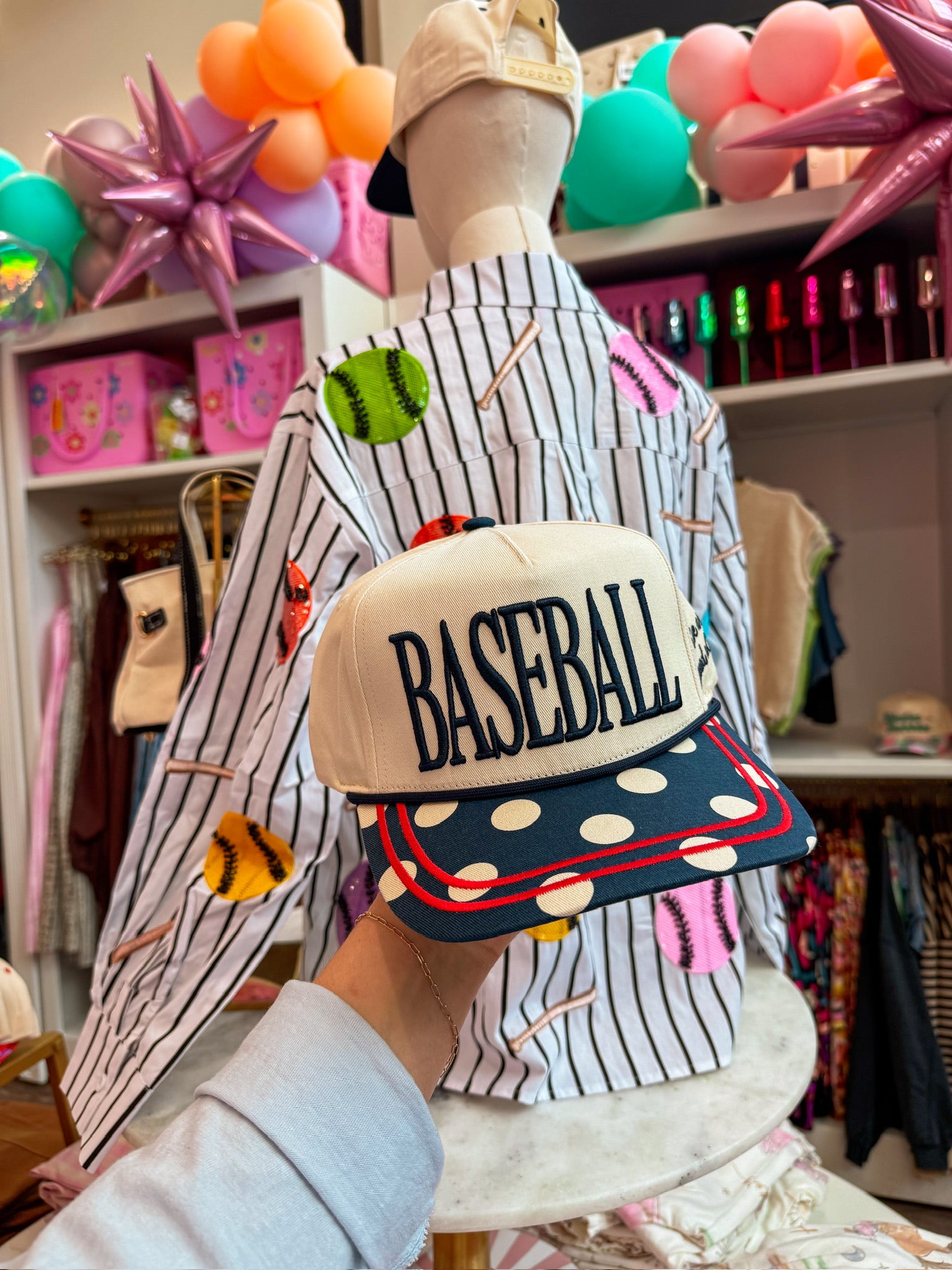 Navy Polka Dot Baseball Canvas Cap