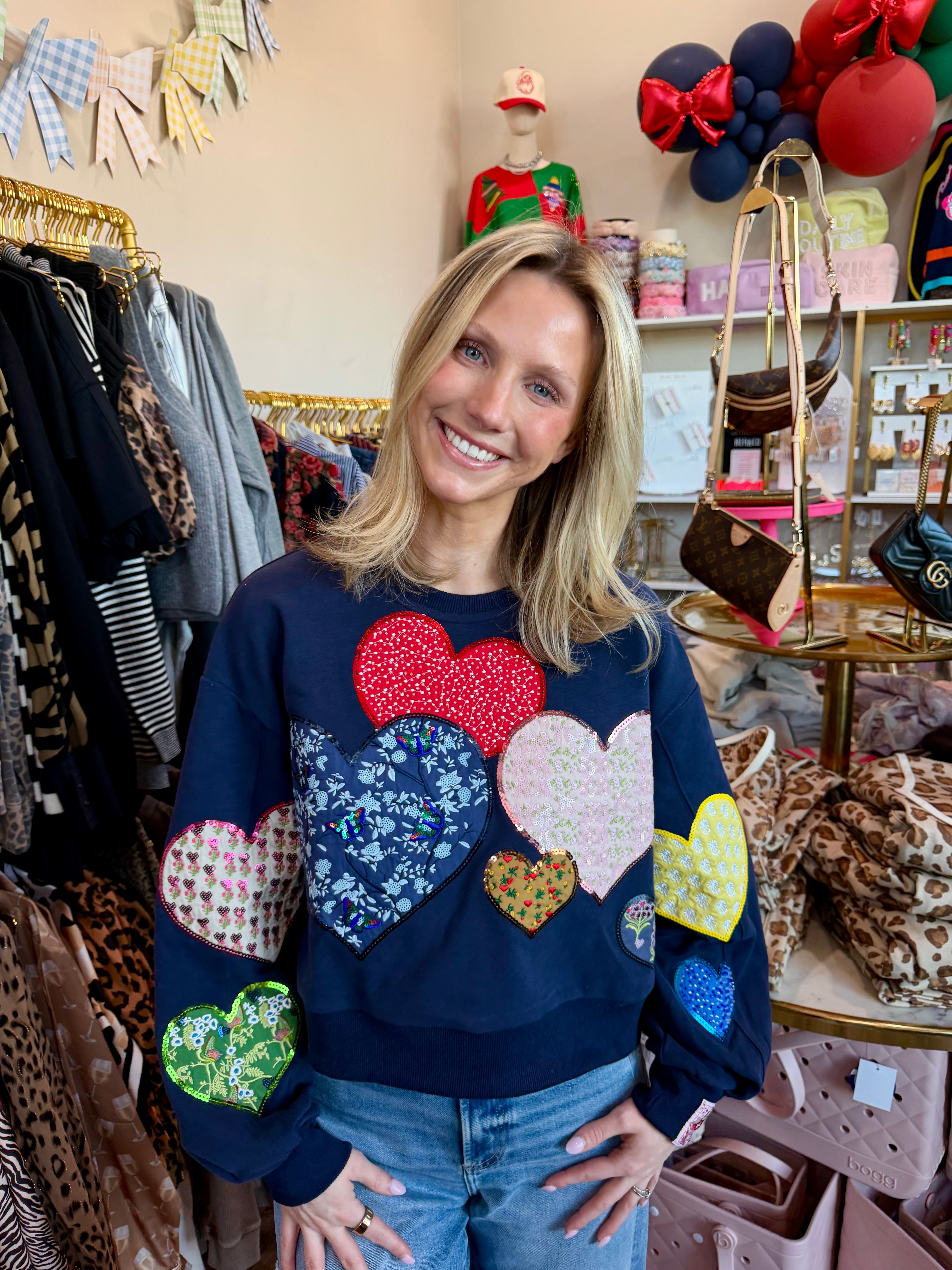 Navy Multi Embroidered Hearts Sweatshirt - Queen Of Sparkles
