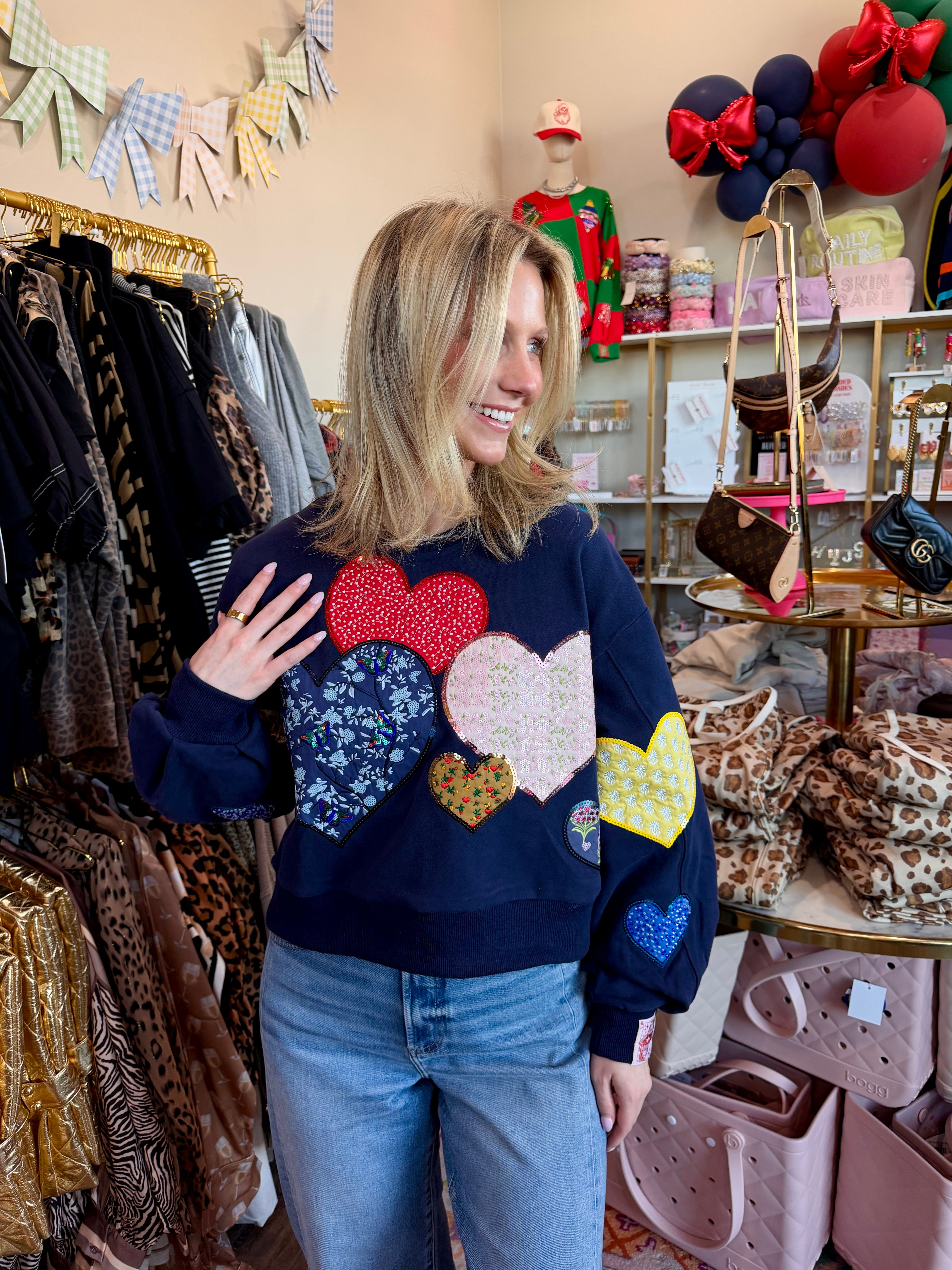 Navy Multi Embroidered Hearts Sweatshirt - Queen Of Sparkles